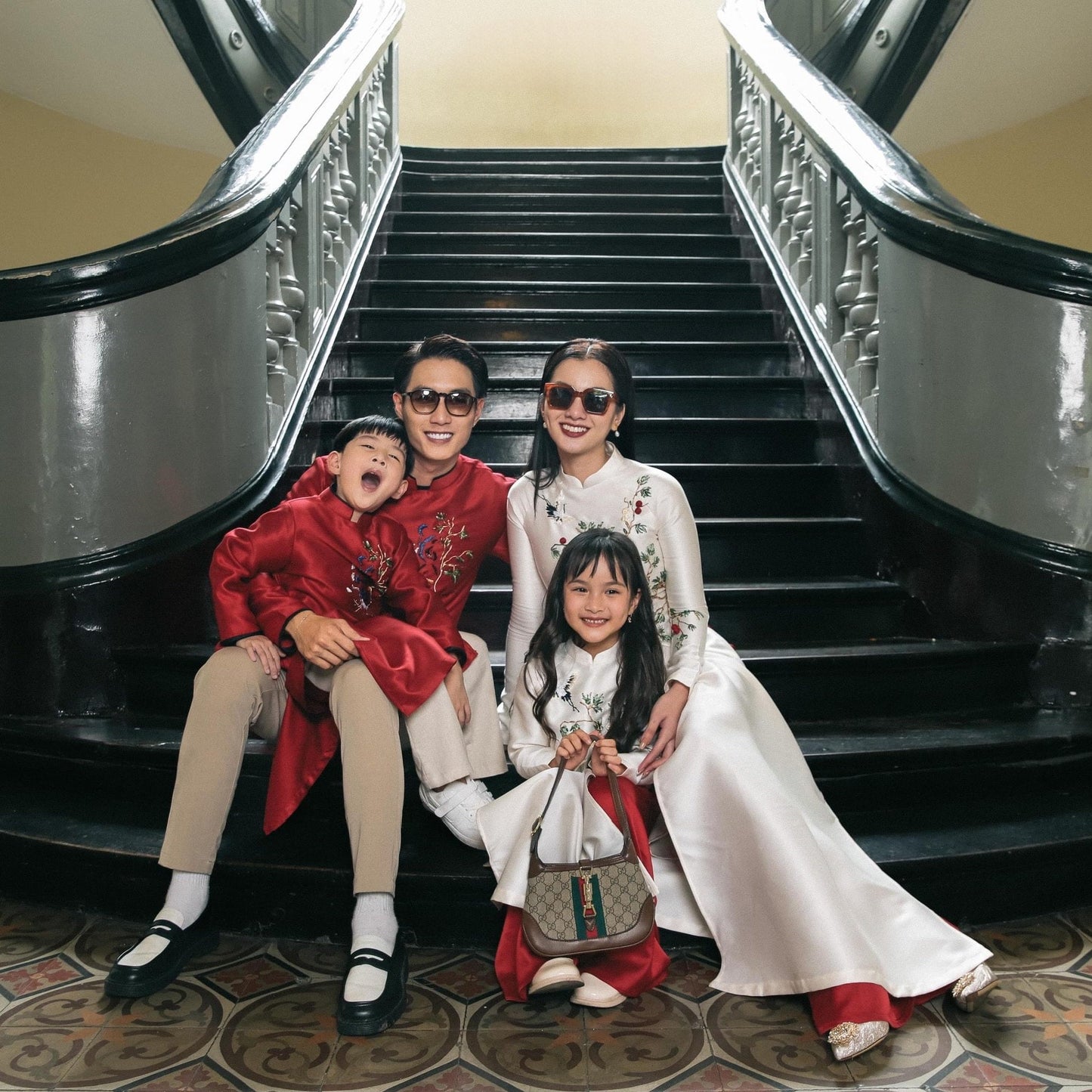 Family Red/White Ribbons Ao Dai Set