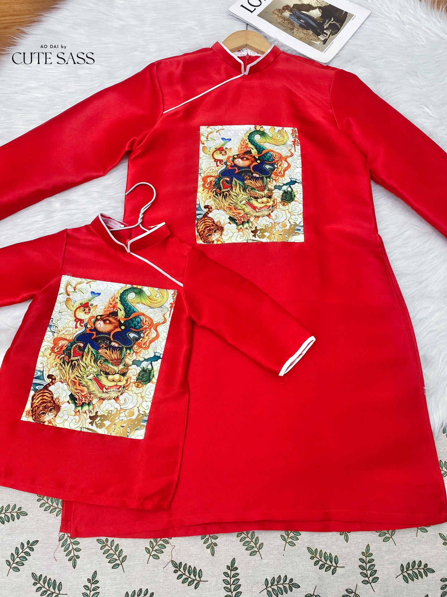 Men and Boy Red Lan Ao Dai Set | Pre-made Vietnamese Ao Dai| Lunar New Year | Ao Dai for Girl, Mom, Dad, Boy | Ao Dai Tet|J3