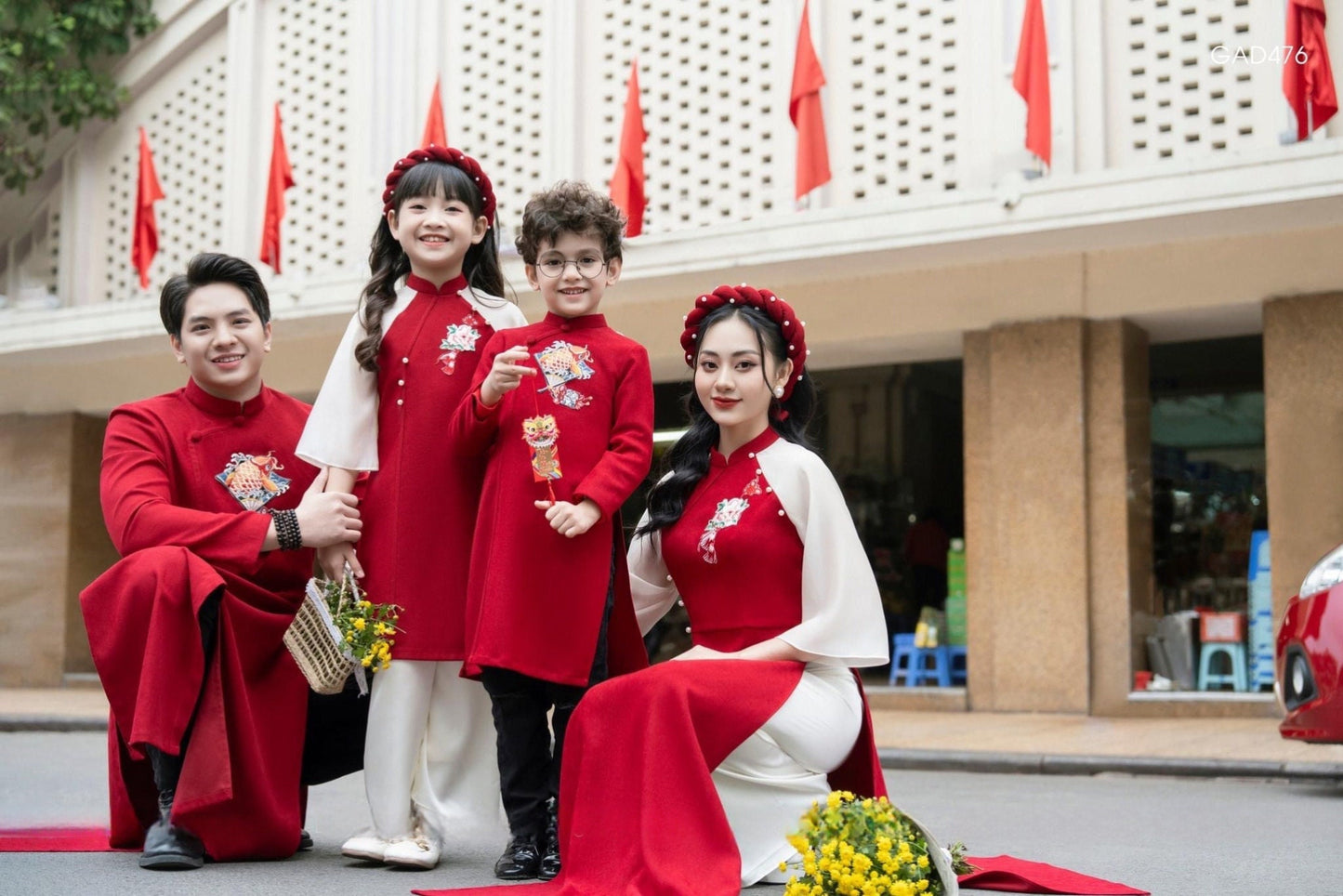 Family Red Pearls Ao Dai Set (No Headband)