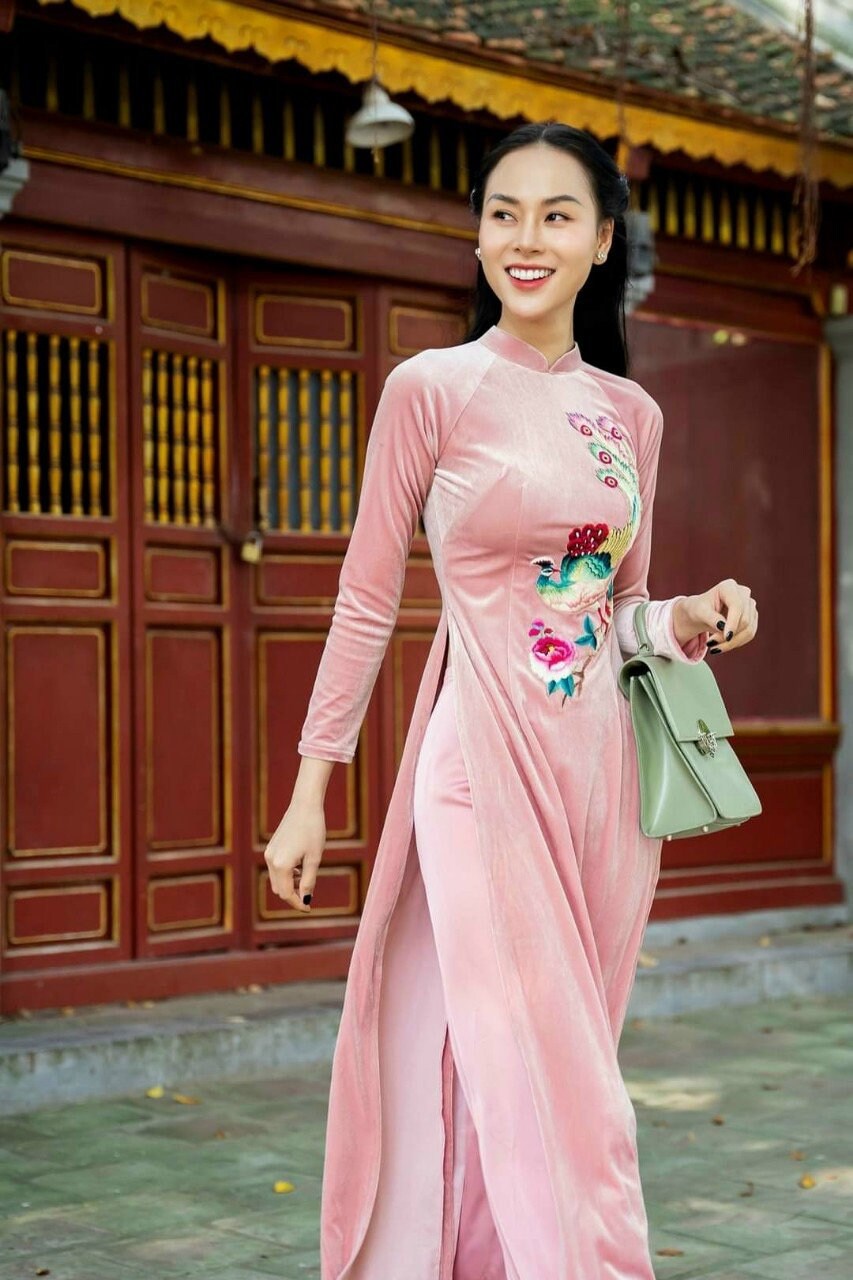 Light Pink Embroidery Velvet Ao Dai Top Only, NO PANTS