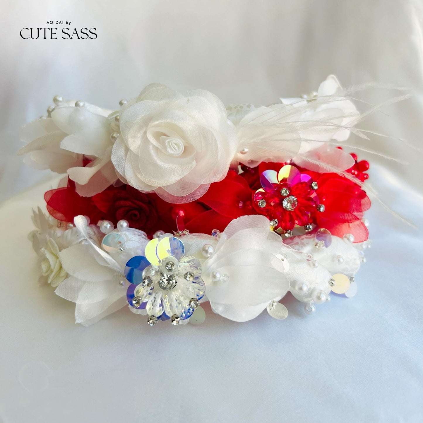 White / Red Headband with 3D Flowers - Mấn | Pre-made Vietnamese Ao Dai Accessories | Wedding Ao Dai Accessories
