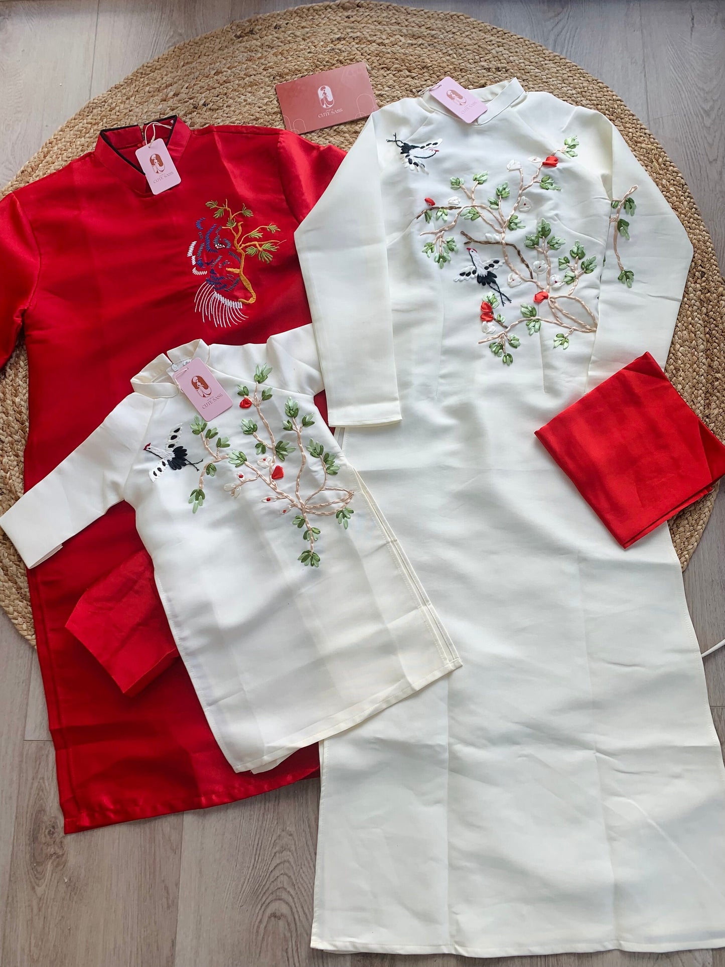 Family Red/White Ribbons Ao Dai Set