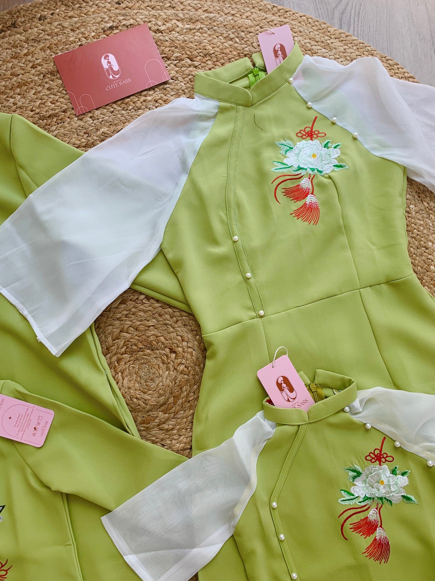 Family Green Pearls Ao Dai Set (No Headband)