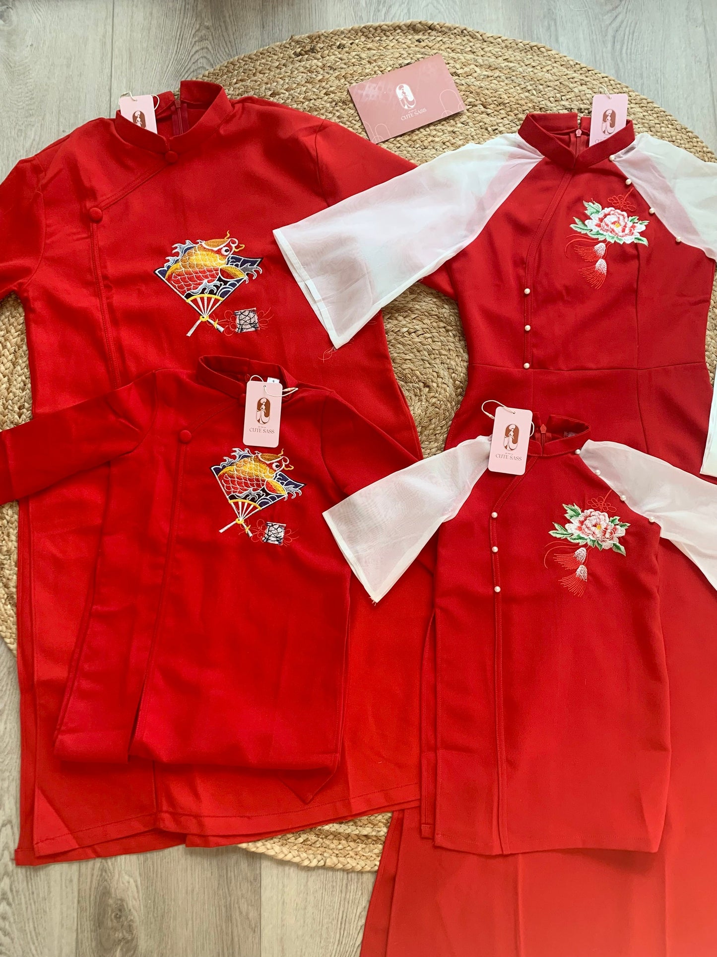Family Red Pearls Ao Dai Set (No Headband)