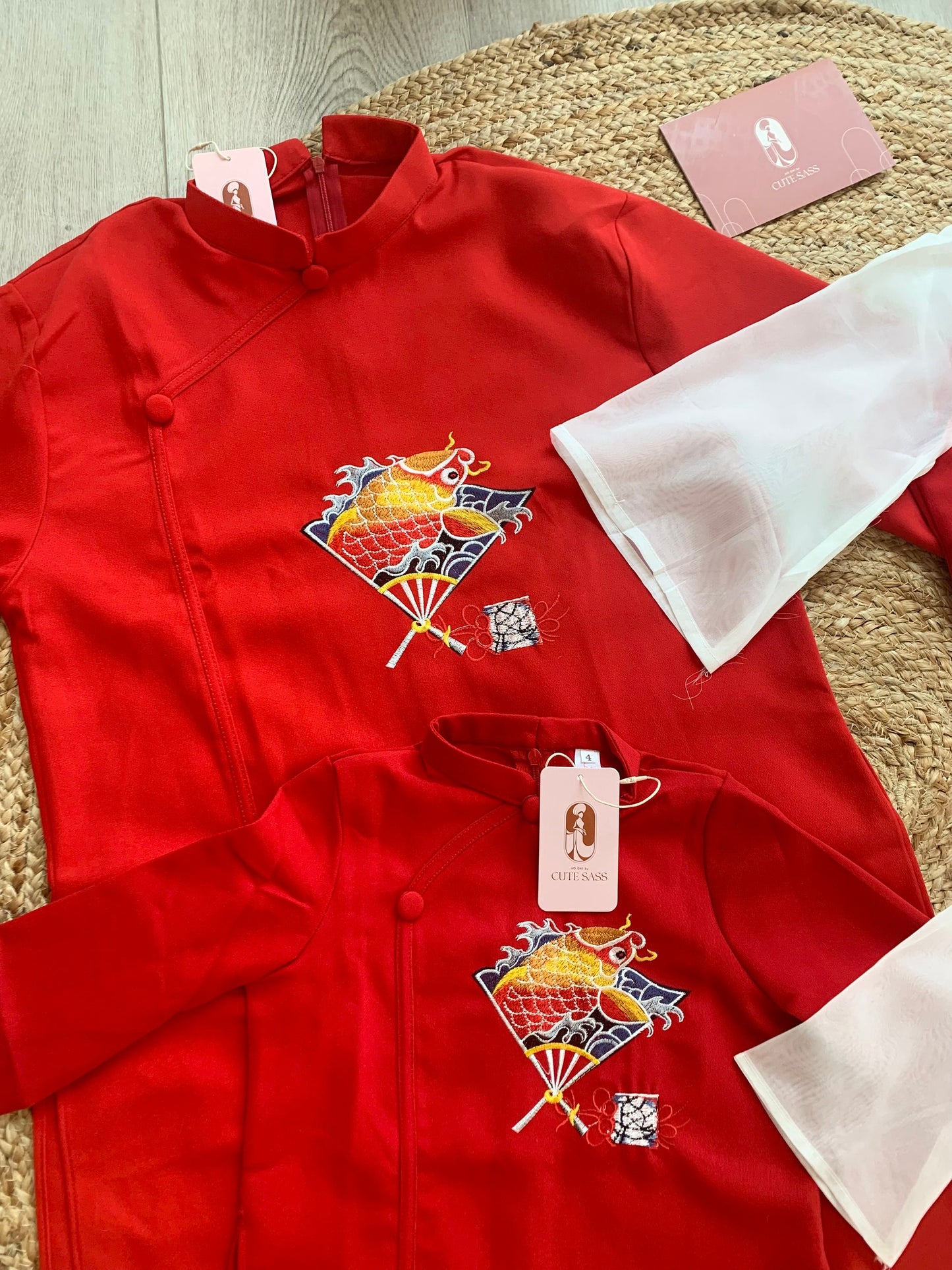 Family Red Pearls Ao Dai Set (No Headband)