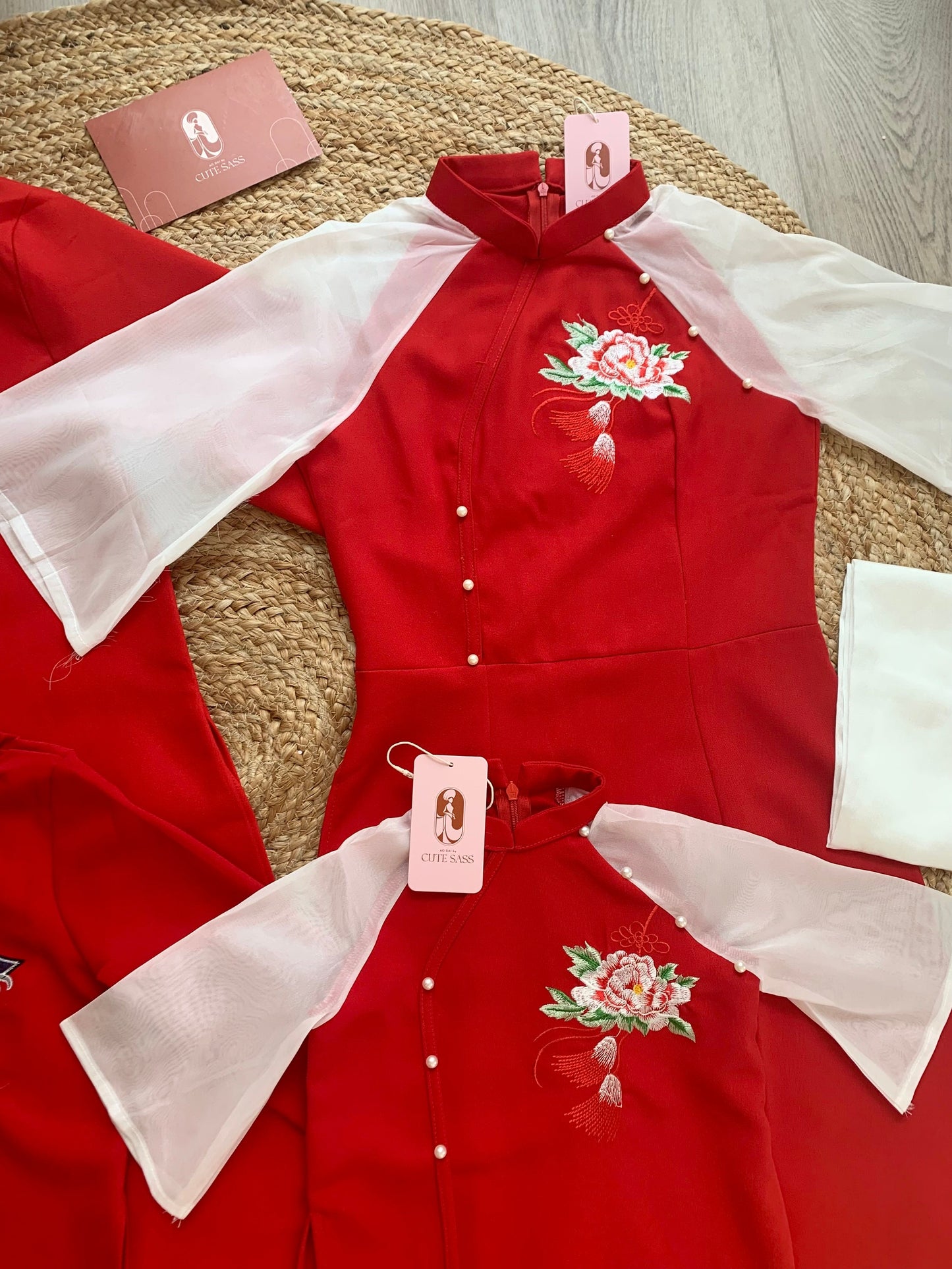 Family Red Pearls Ao Dai Set (No Headband)
