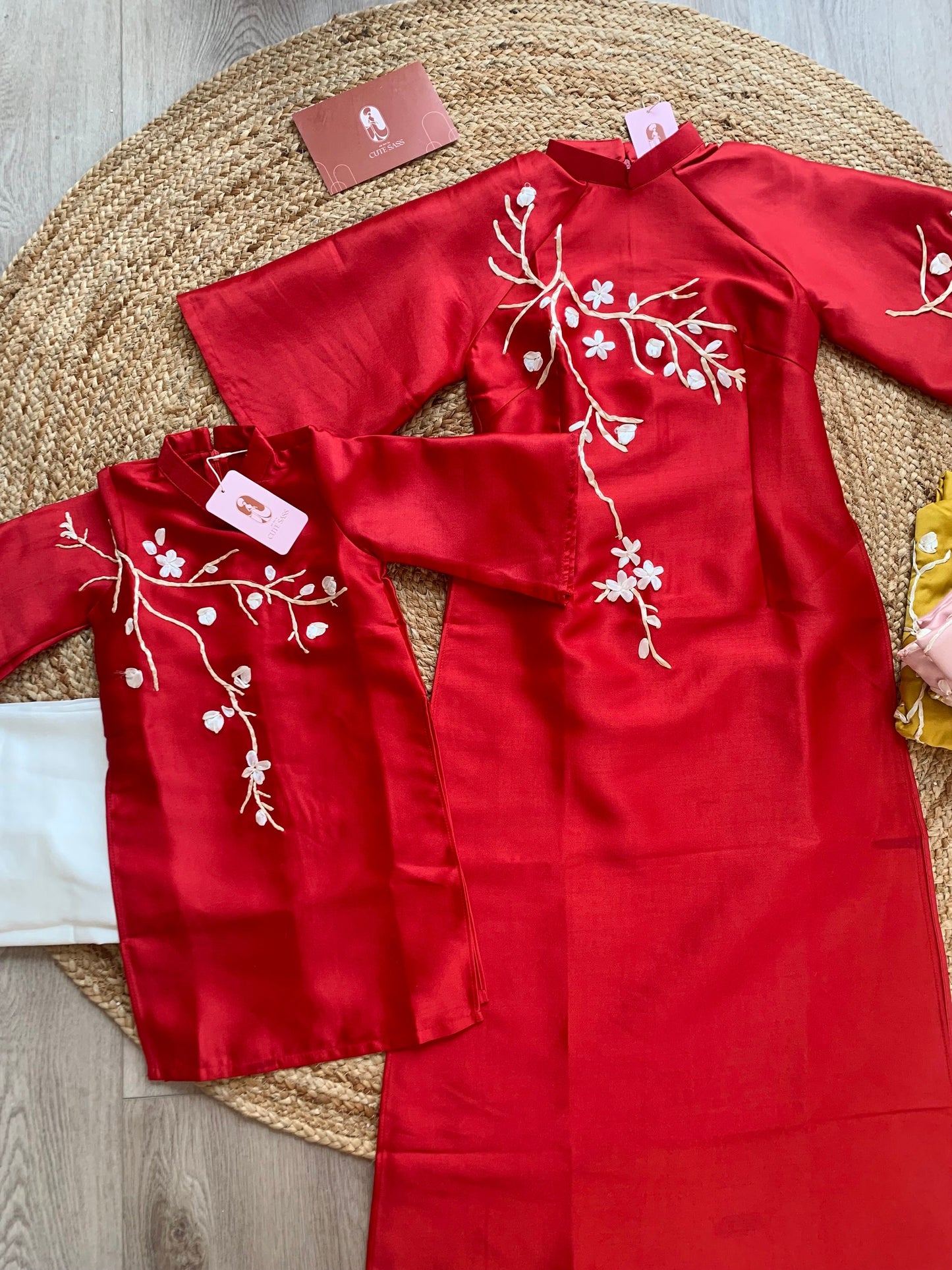 Mom and Daughter Red Ribbons Matching Ao Dai Set
