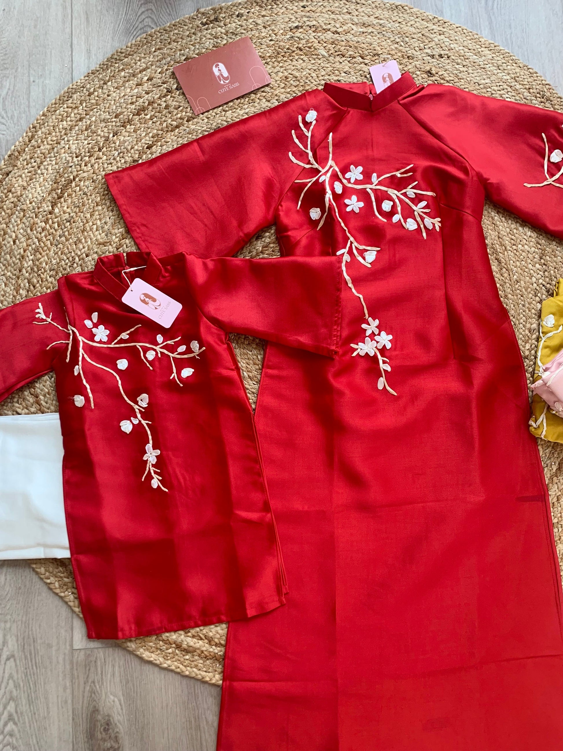 Mom and Daughter Red Ribbons Matching Ao Dai Set