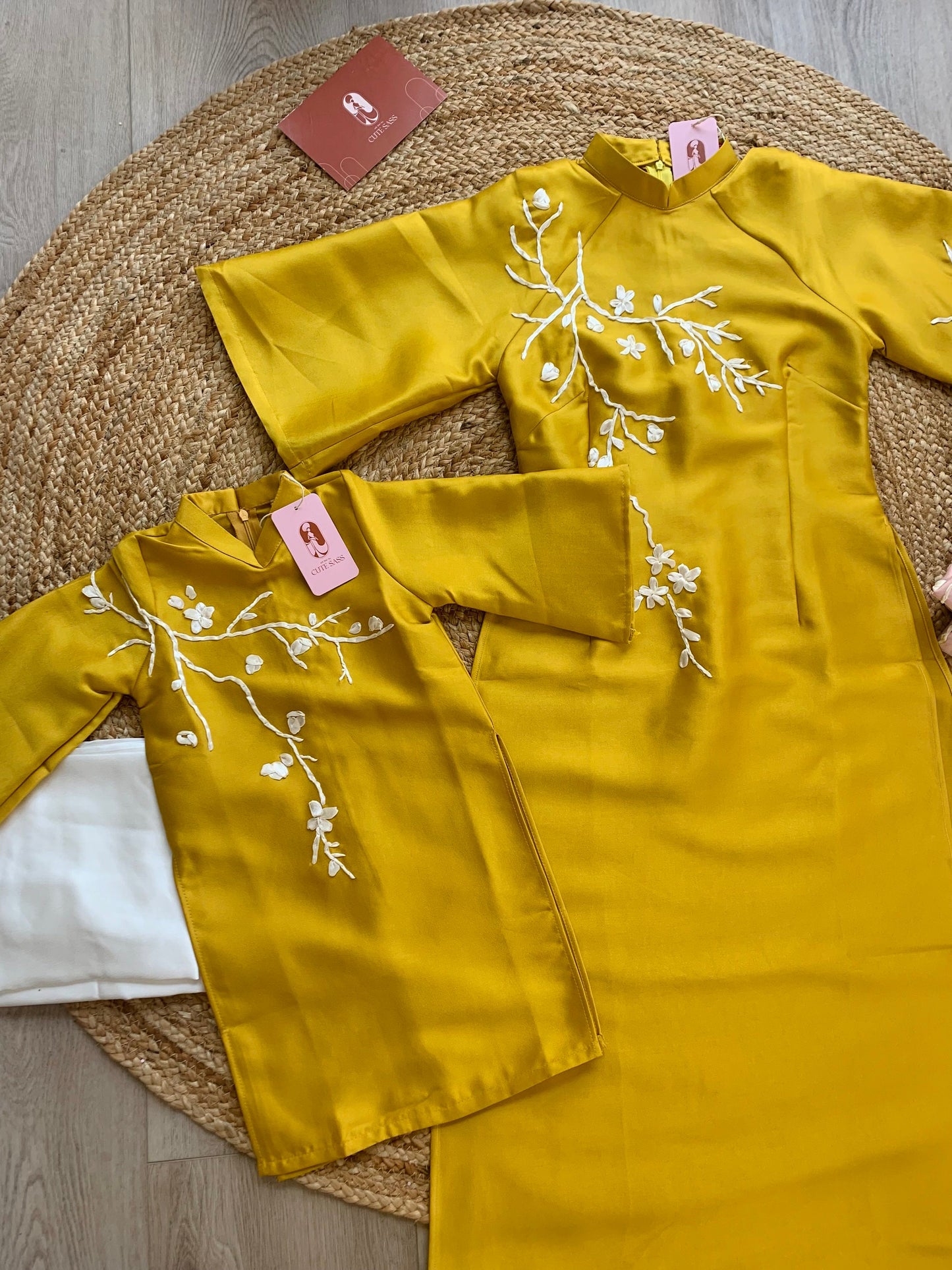 Mom and Daughter Yellow Ribbons Matching Ao Dai Set