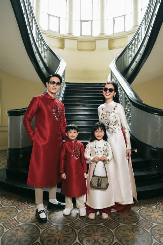 Family Red/White Ribbons Ao Dai Set