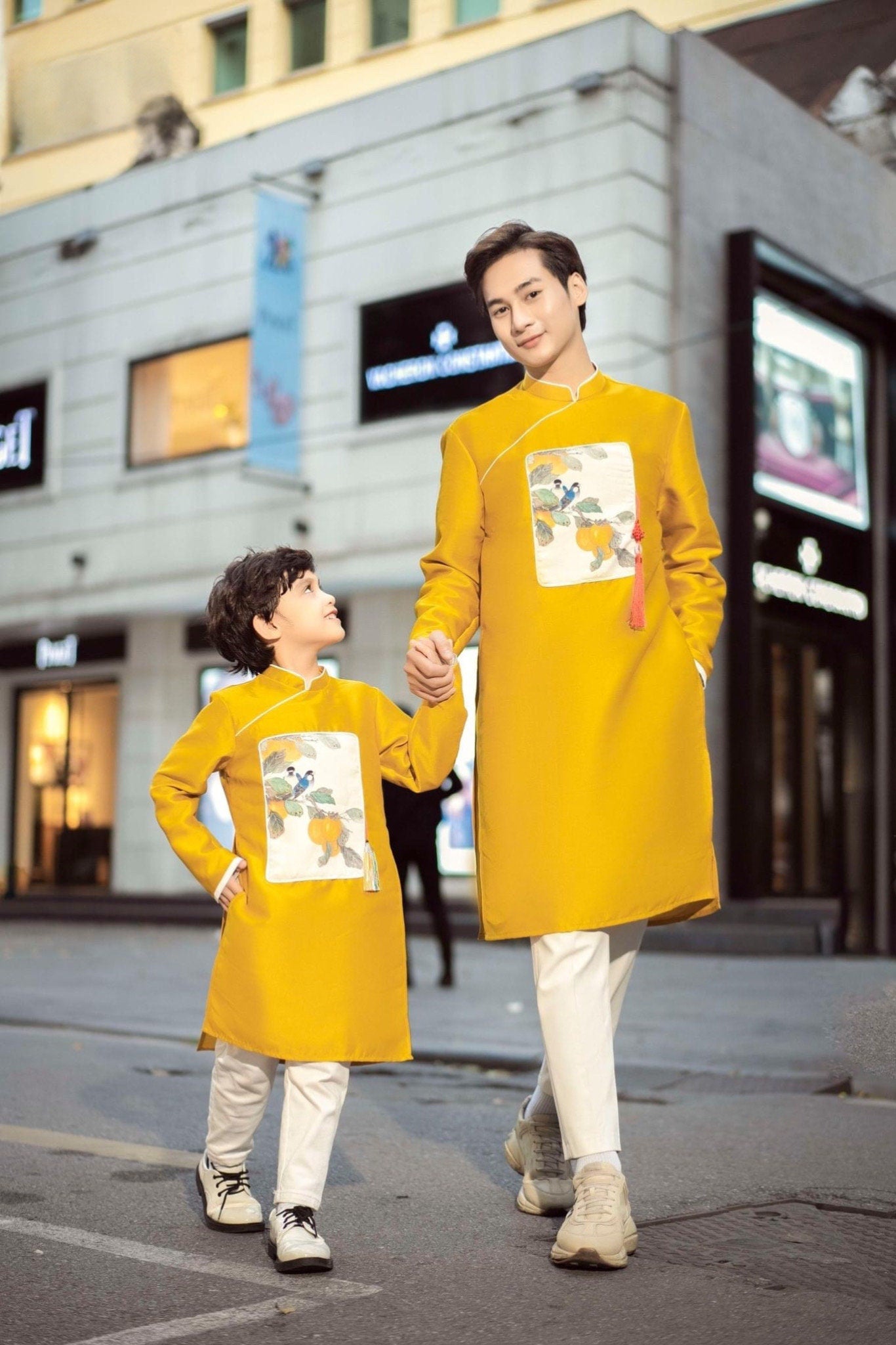 Men and Boy Yellow Pom Ao Dai Set