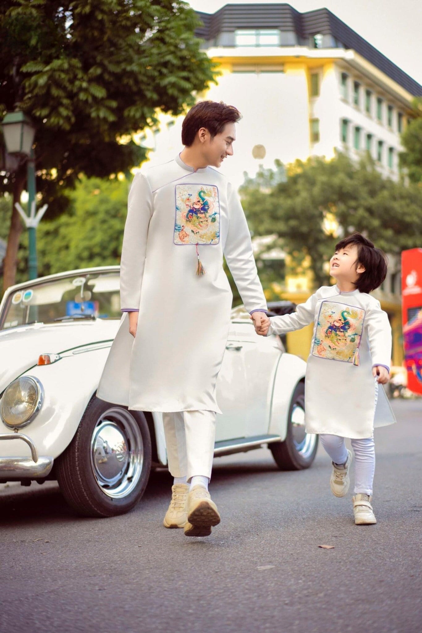 Men and Boy White/Purple Lan Ao Dai Set