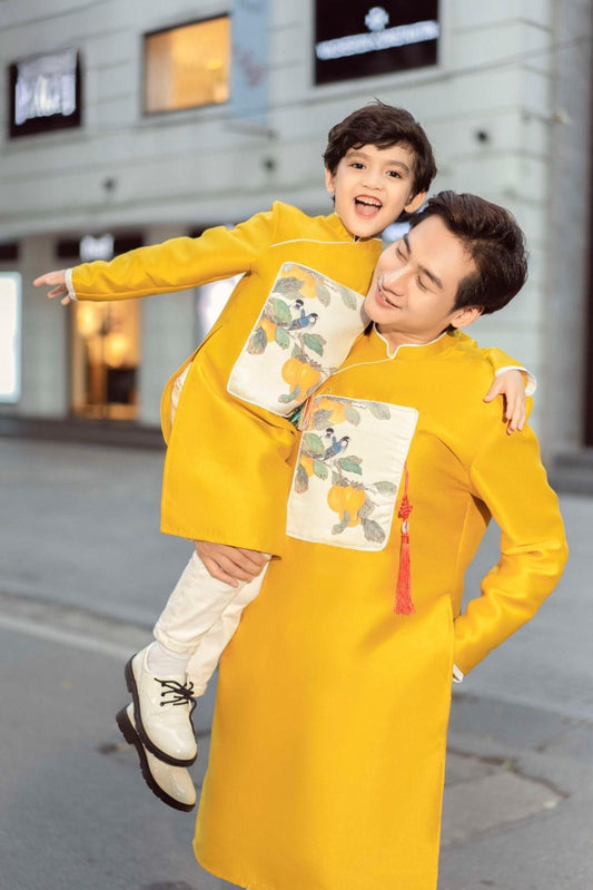 Men and Boy Yellow Pom Ao Dai Set