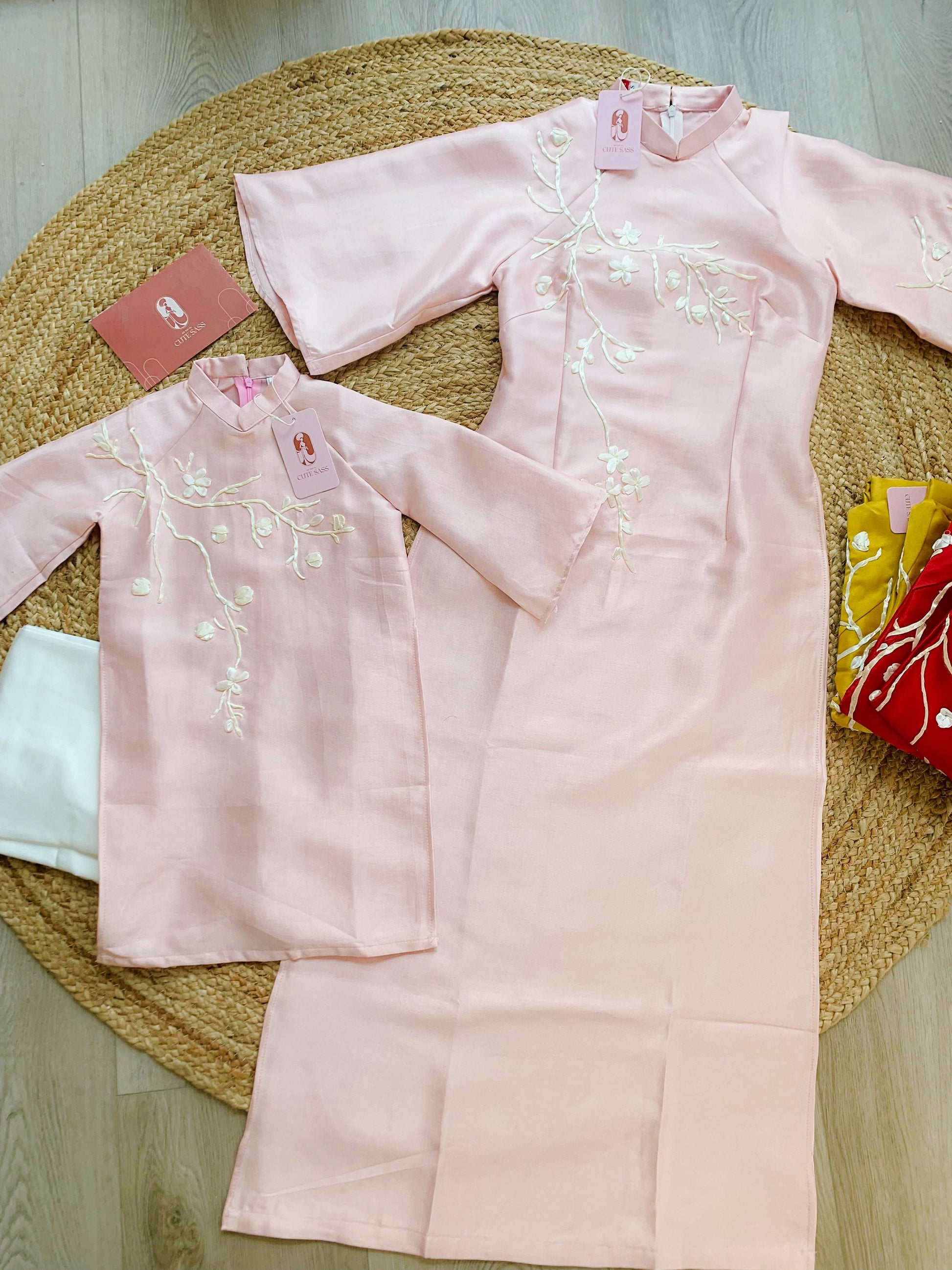 Mom and Daughter Pink Ribbons Matching Ao Dai Set