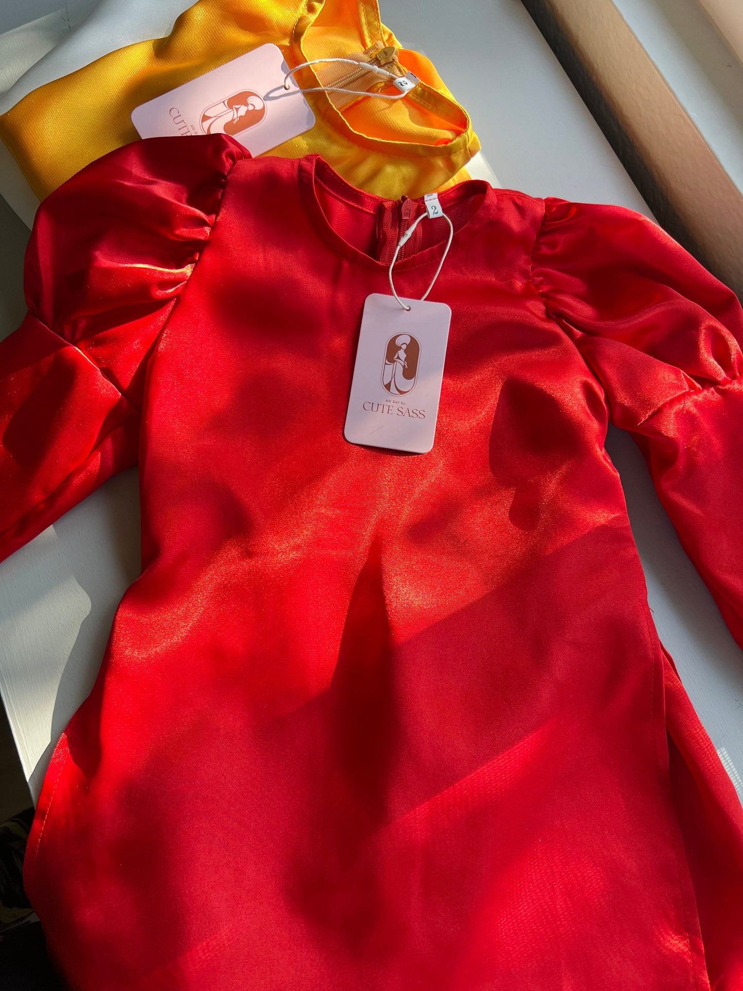Girl Satin Ao Dai Set (White, Yellow, Red) | Pre-made Traditional Vietnamese Ao Dai | Vietnamese Girl Ao Dai| Lunar New Year| Kid Ao Dai |B2