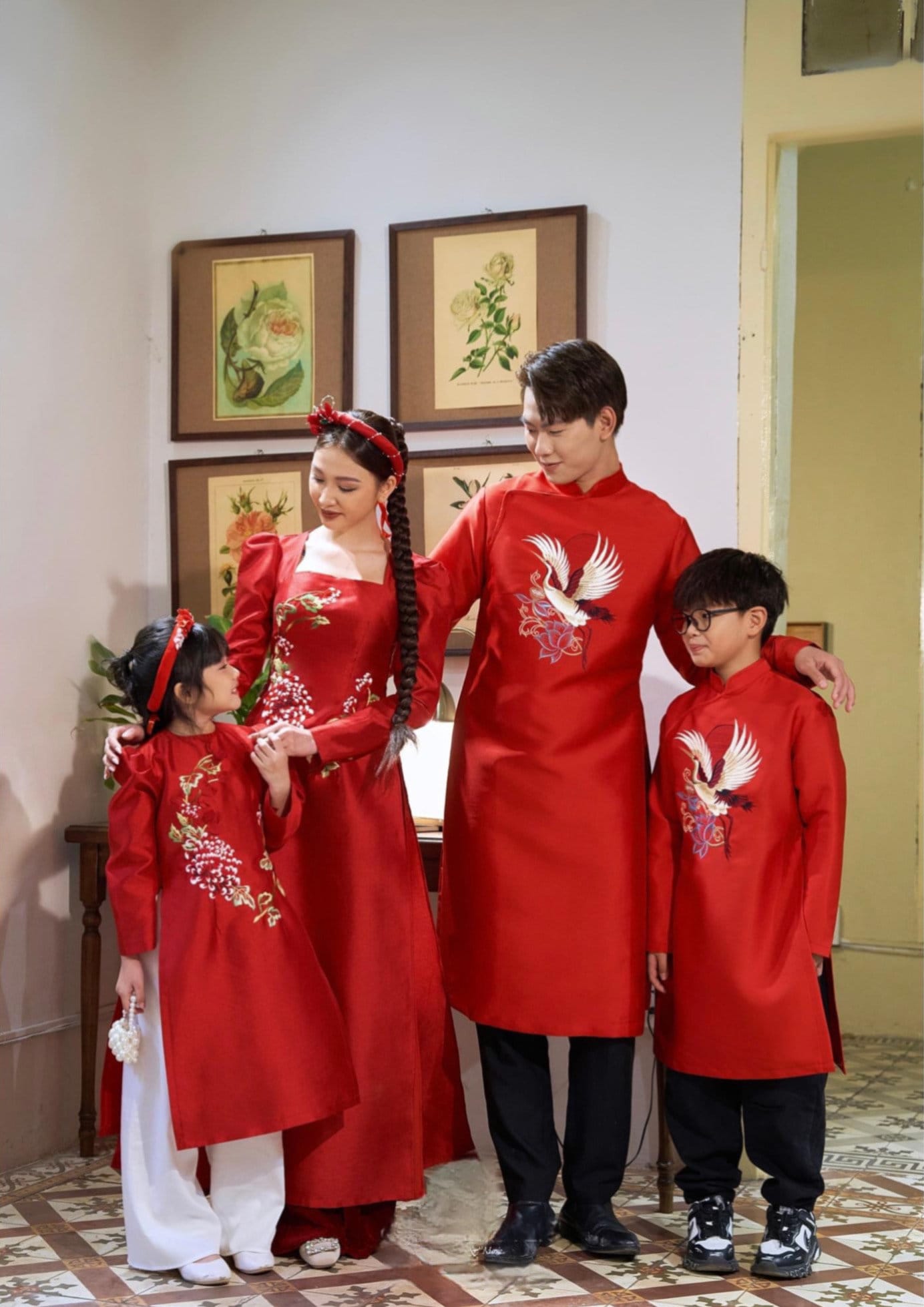 Family Red Hac Embroidery Ao Dai Set (No Headband) | Pre-made Vietnamese Ao Dai| Lunar New Year | Ao Dai for Girl, Mom, Dad, Boy|