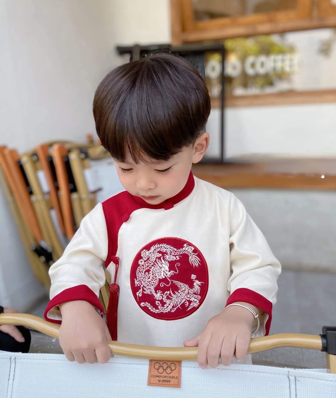 Boy Red/Cream Embroidery Dragon Ao Dai Top | Pre-made Traditional Vietnamese Ao Dai | Lunar New Year | Ao Dai for Boy |