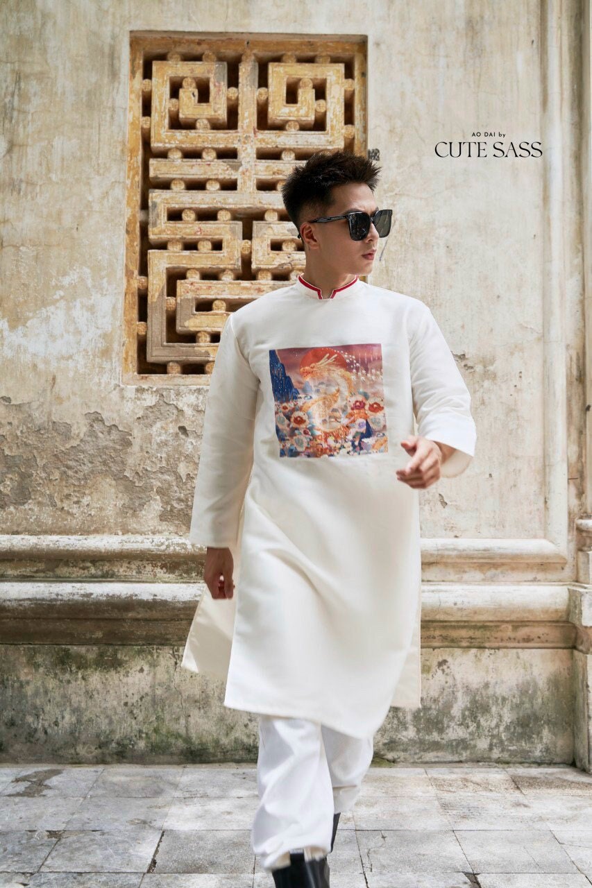 Men White Printed Dragon Ao Dai Set| Pre-made Traditional Vietnamese Ao Dai| Lunar New Year | Ao Dai for Dad, Boy | Ao Dai Tet|
