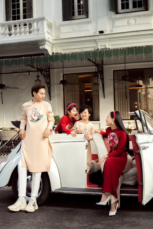Family Red/Blush Embroidery Ao Dai Set