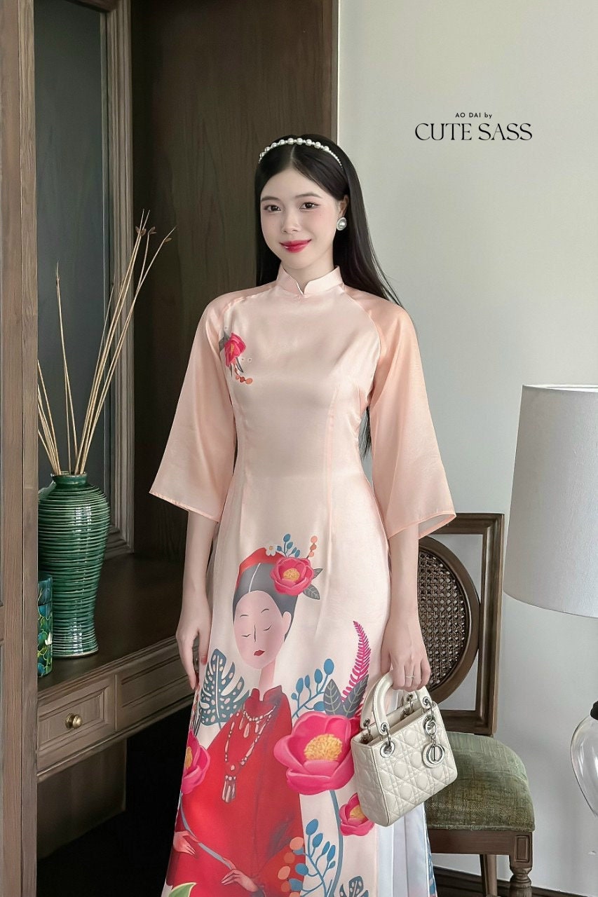 Blush Printed Chiffon Ao Dai Set | Pre-made Modernized Vietnamese Ao Dai| Women Ao Dai with Pants| Lunar New Year| Ao Dai Cach Tan|