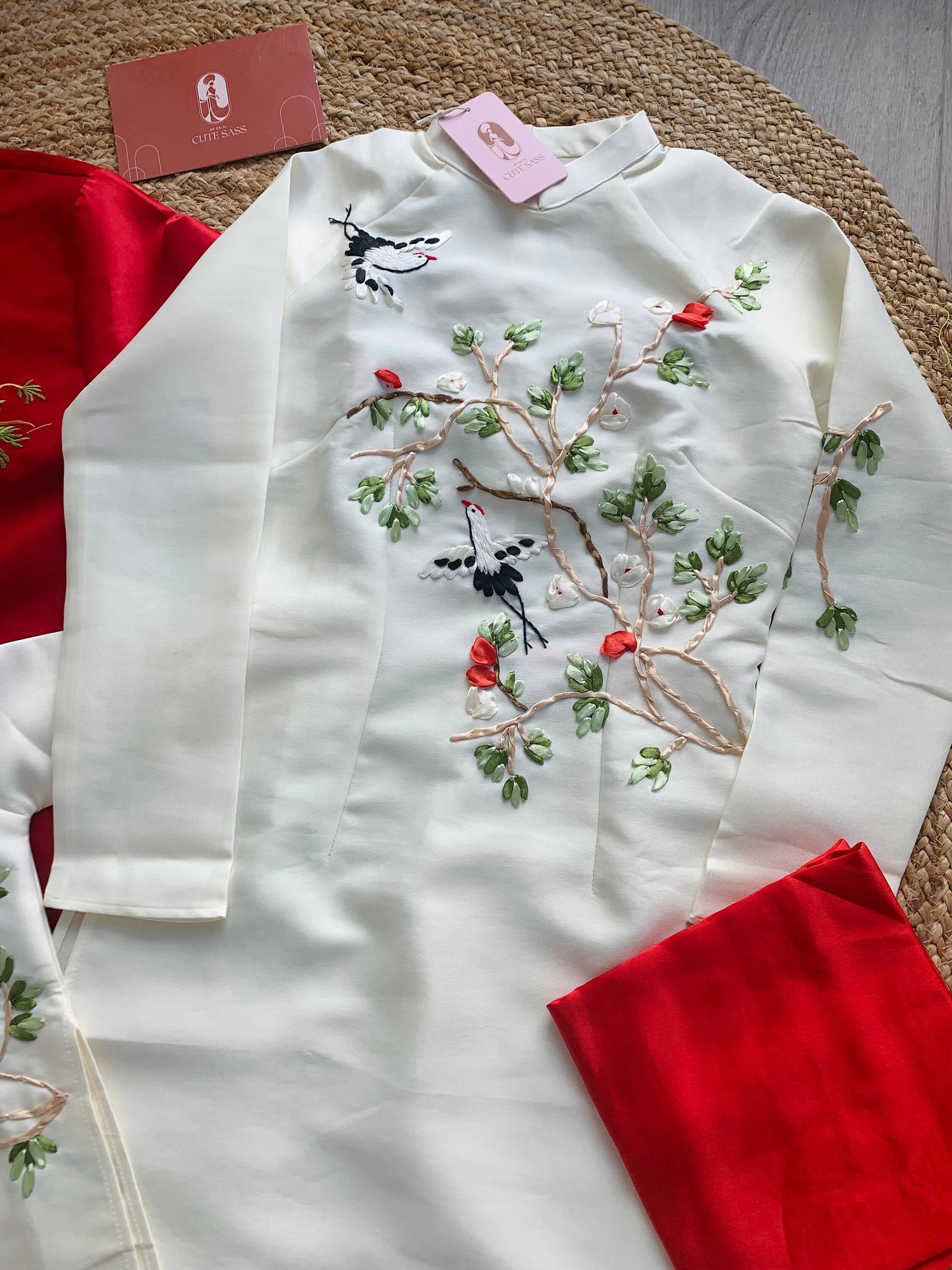 Family Red/White Ribbons Ao Dai Set