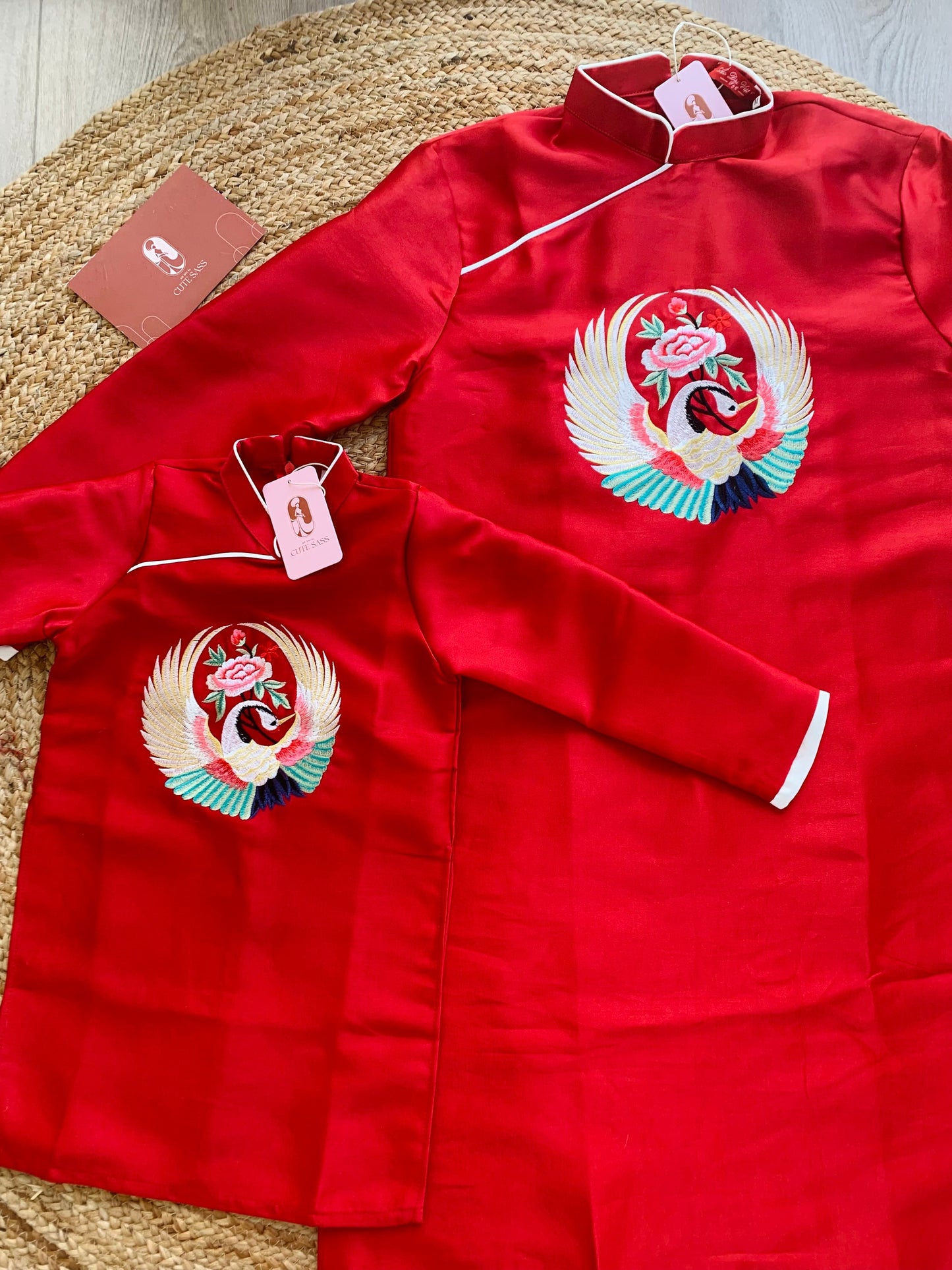 Men and Boy Embroidery Red Embroidery Ao Dai Top | Pre-made Vietnamese Ao Dai| Lunar New Year | Ao Dai for Girl, Mom, Dad, Boy|Ao Dai Tet|L3