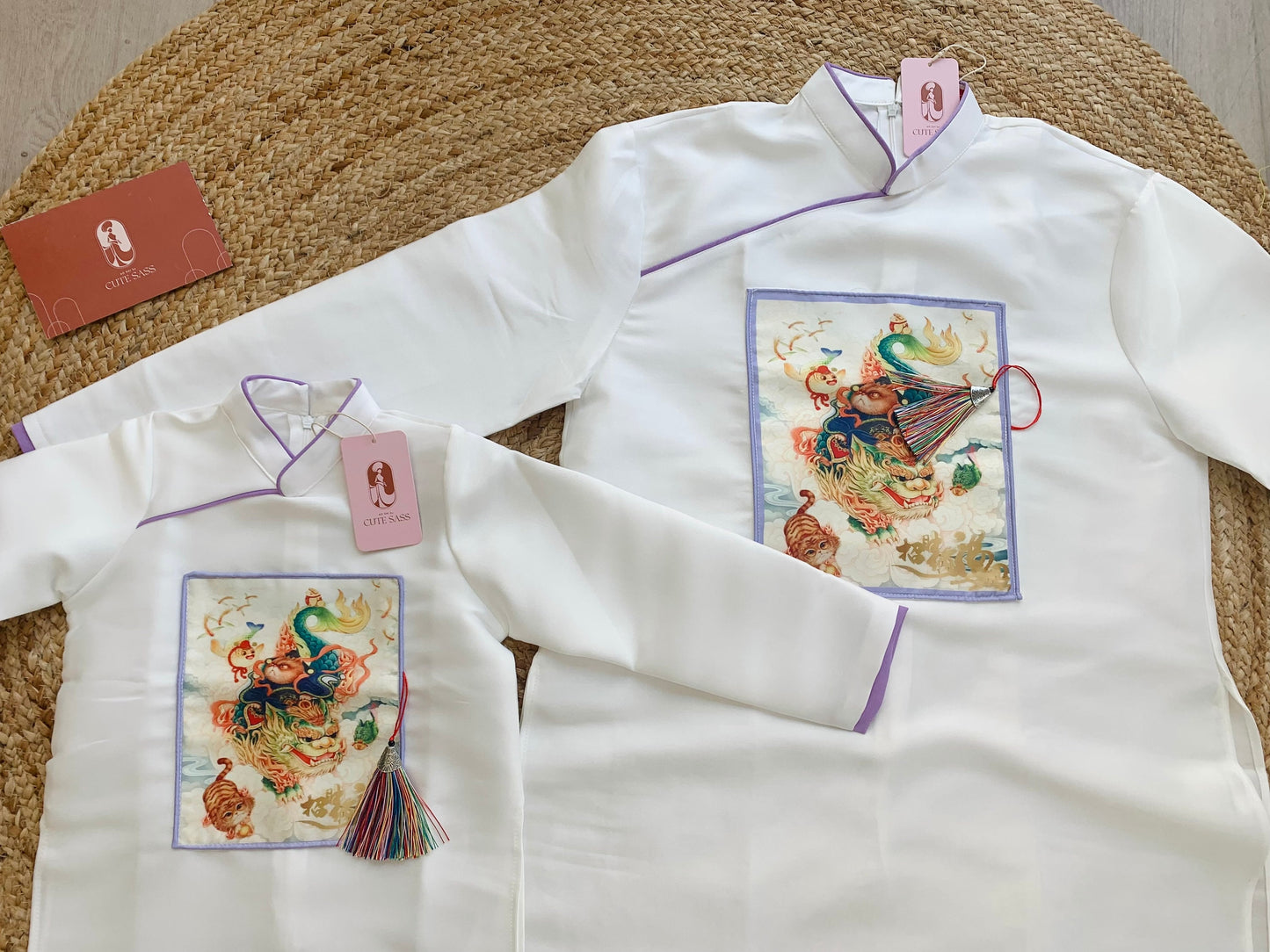 Men and Boy White/Purple Lan Ao Dai Set