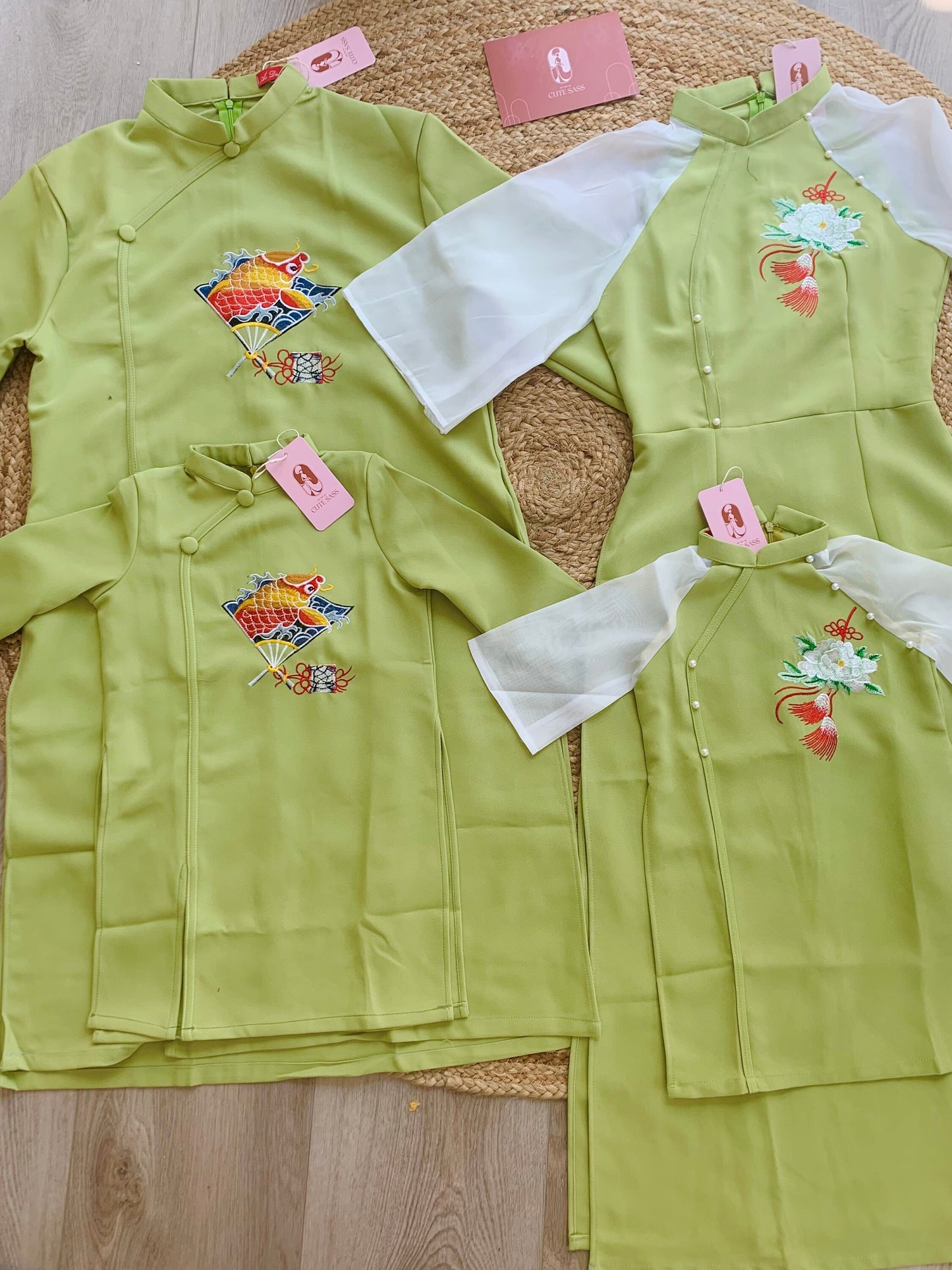 Family Green Pearls Ao Dai Set (No Headband)