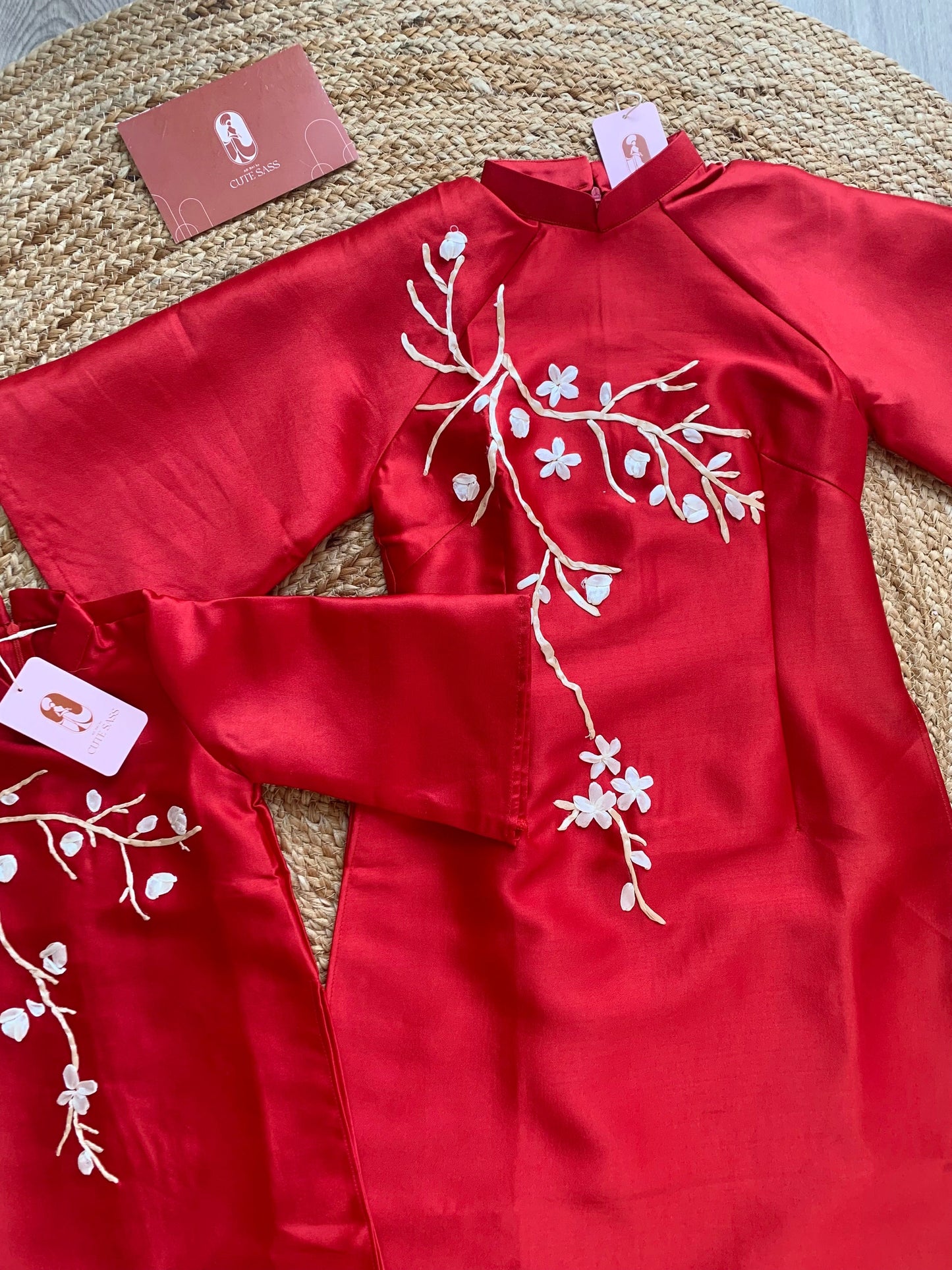 Mom and Daughter Red Ribbons Matching Ao Dai Set