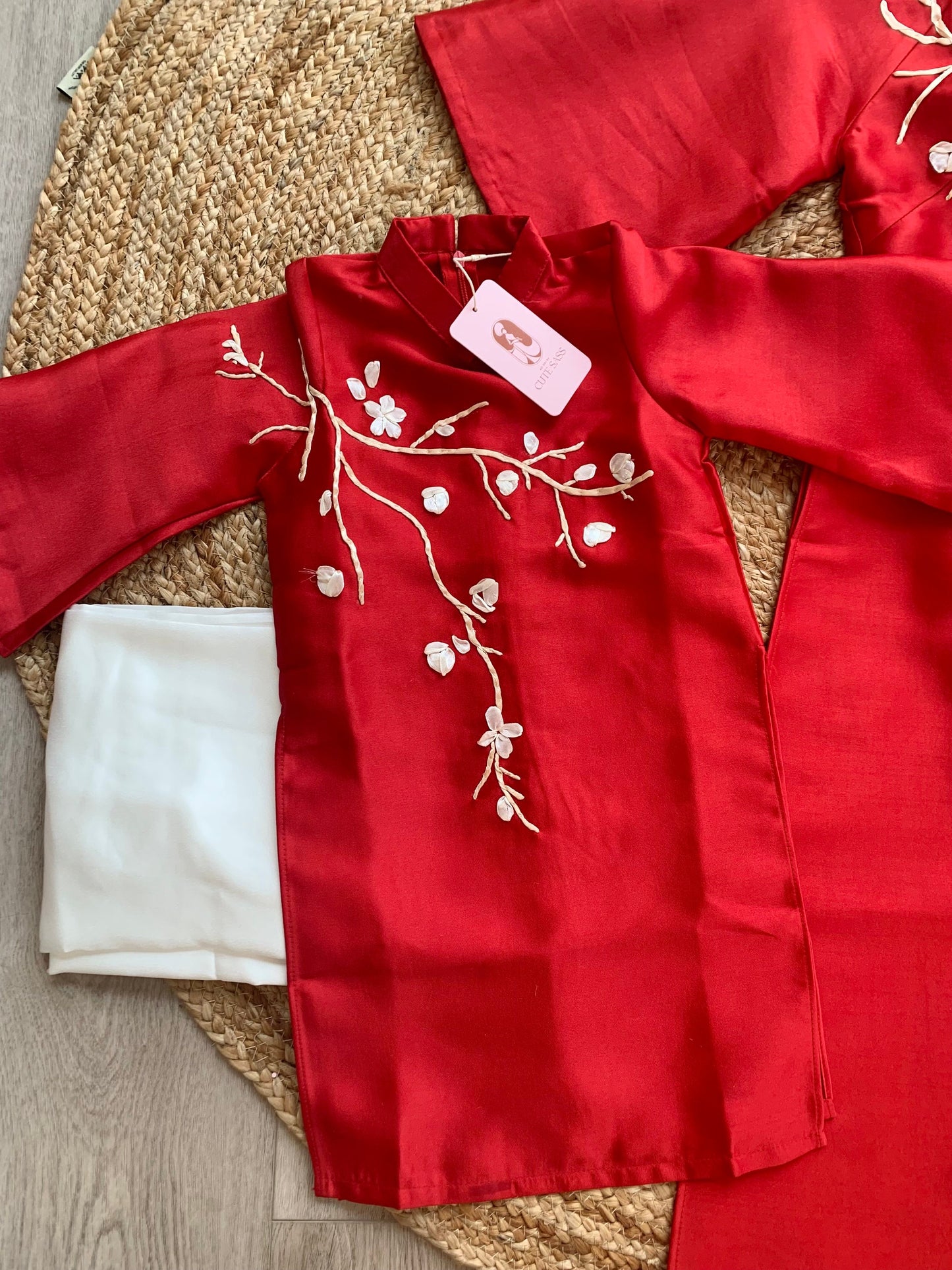 Mom and Daughter Red Ribbons Matching Ao Dai Set