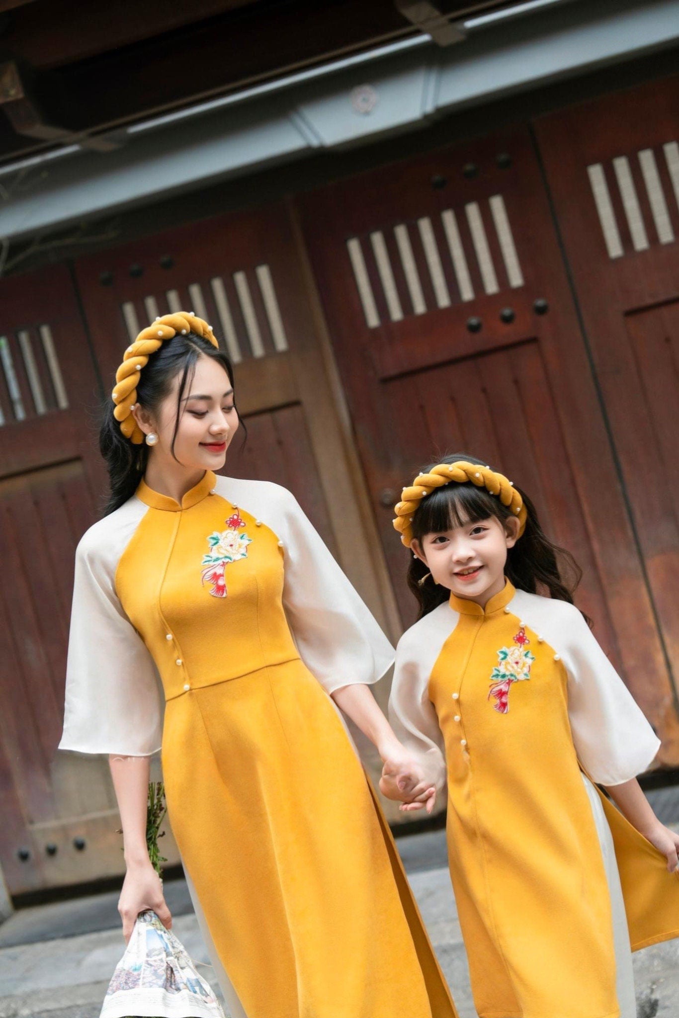 Family BRIGHT YELLOW Pearls Ao Dai Set (No Headband) | Pre-made Vietnamese Ao Dai| Lunar New Year | Ao Dai for Girl, Mom, Dad, Boy I2