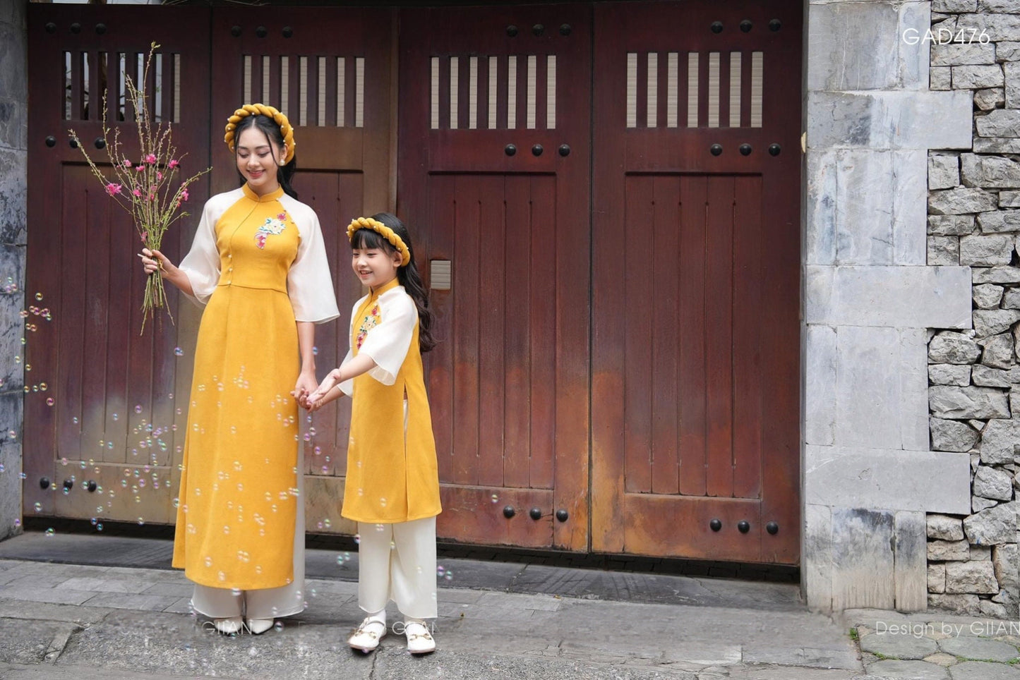 Family BRIGHT YELLOW Pearls Ao Dai Set (No Headband) | Pre-made Vietnamese Ao Dai| Lunar New Year | Ao Dai for Girl, Mom, Dad, Boy I2