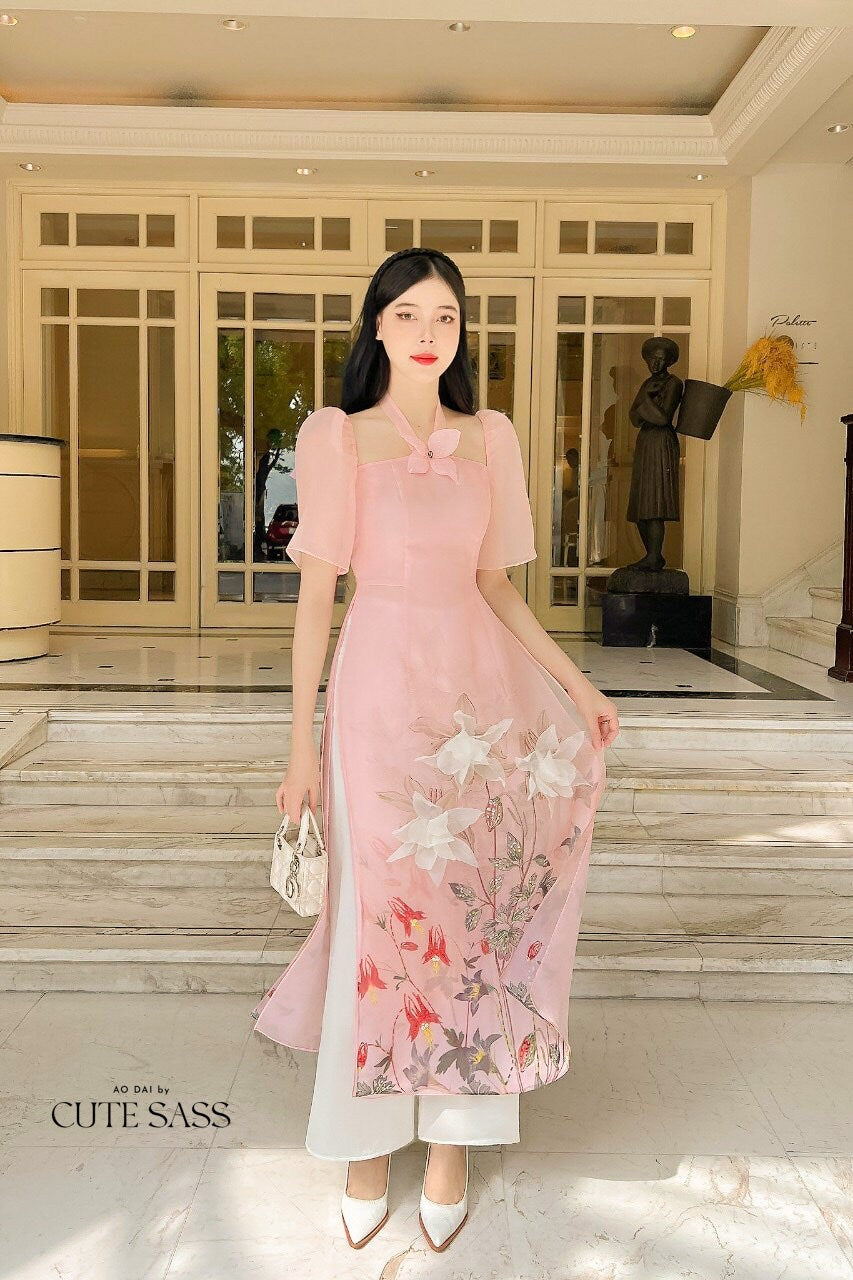 Peach Halter 3D Butterfly Ao Dai Set