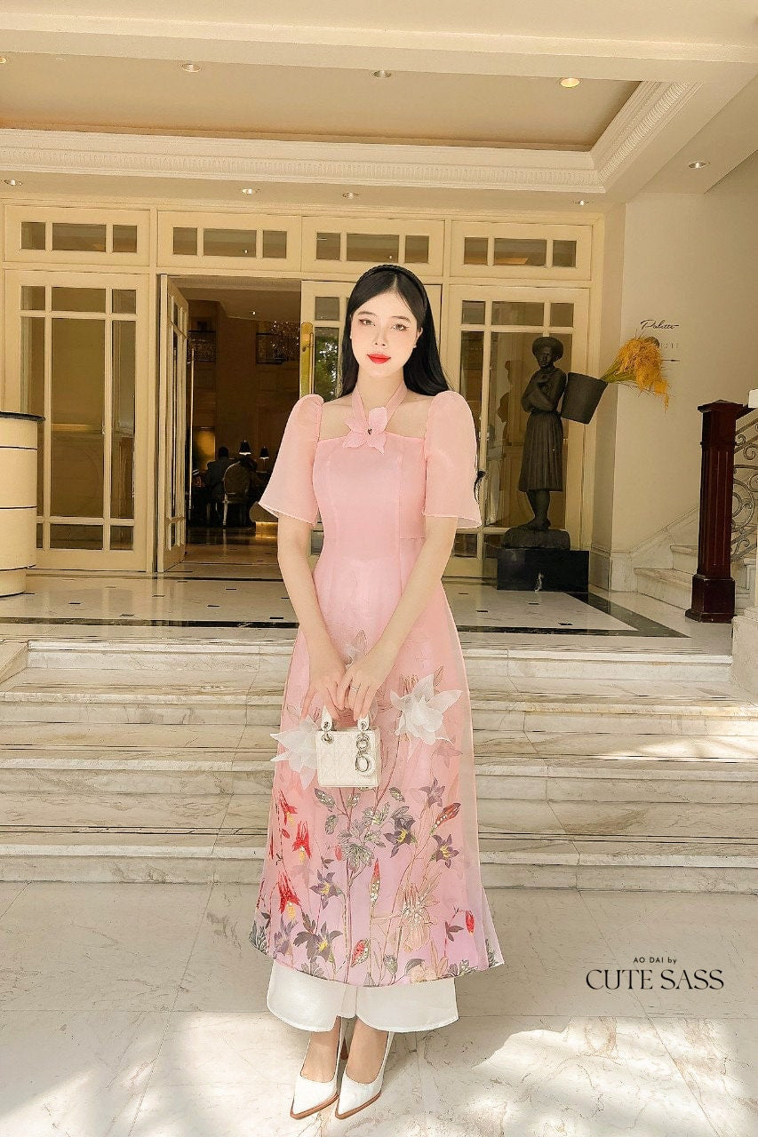 Peach Halter 3D Butterfly Ao Dai Set