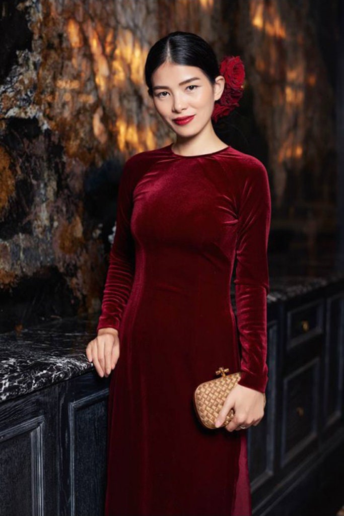 Champagne Red Velvet Plain Ao Dai Top Only, NO PANTS