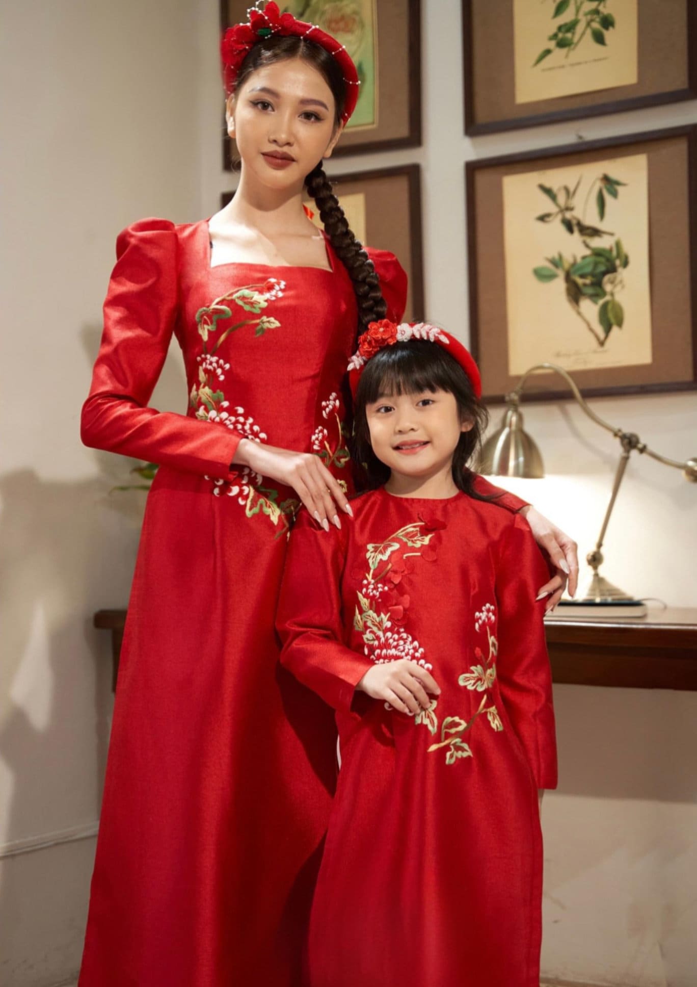 Family Red Hac Embroidery Ao Dai Set (No Headband) | Pre-made Vietnamese Ao Dai| Lunar New Year | Ao Dai for Girl, Mom, Dad, Boy|