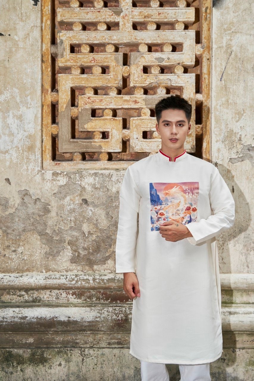 Men White Printed Dragon Ao Dai Top