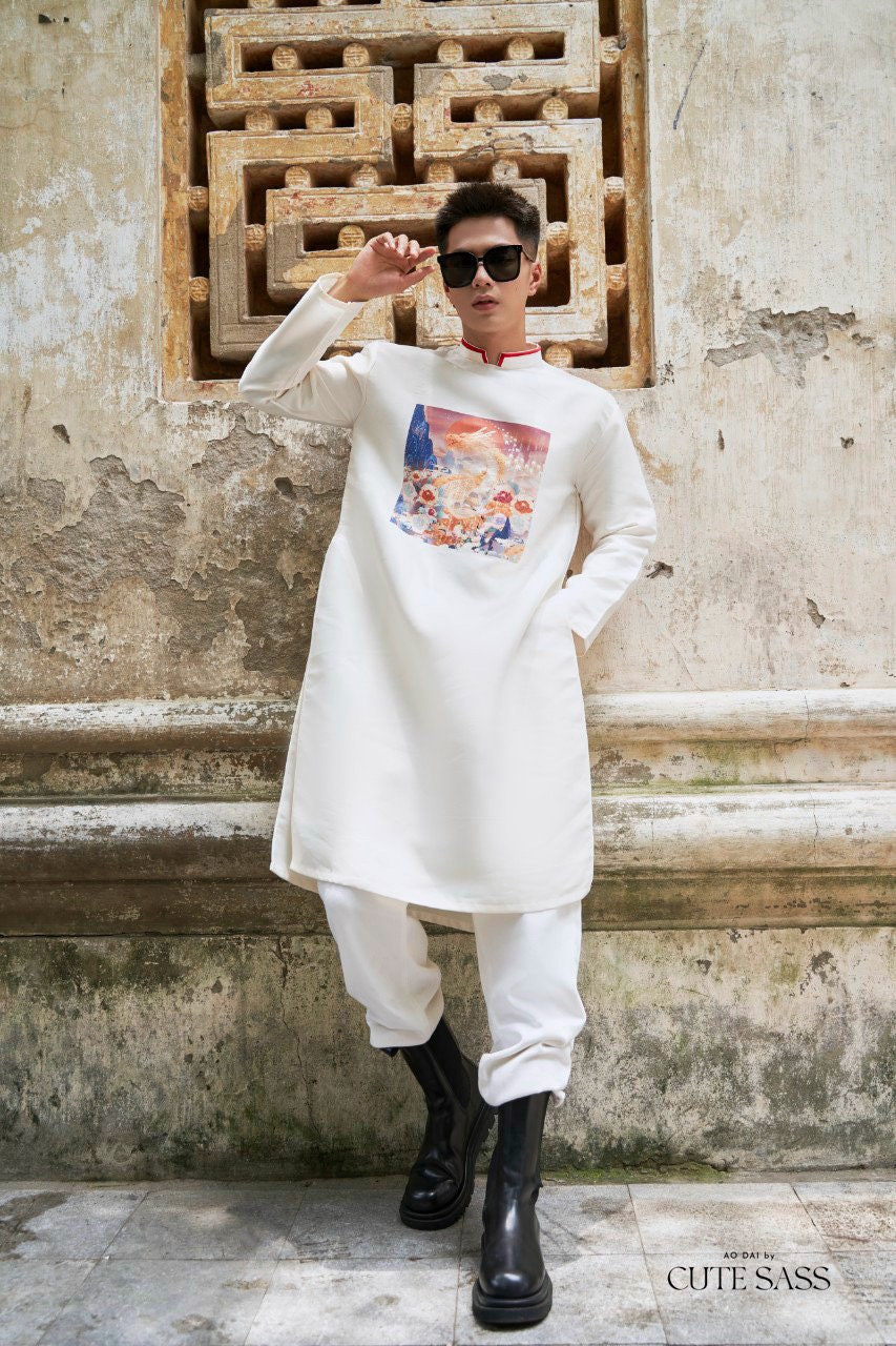 Men White Printed Dragon Ao Dai Set| Pre-made Traditional Vietnamese Ao Dai| Lunar New Year | Ao Dai for Dad, Boy | Ao Dai Tet|