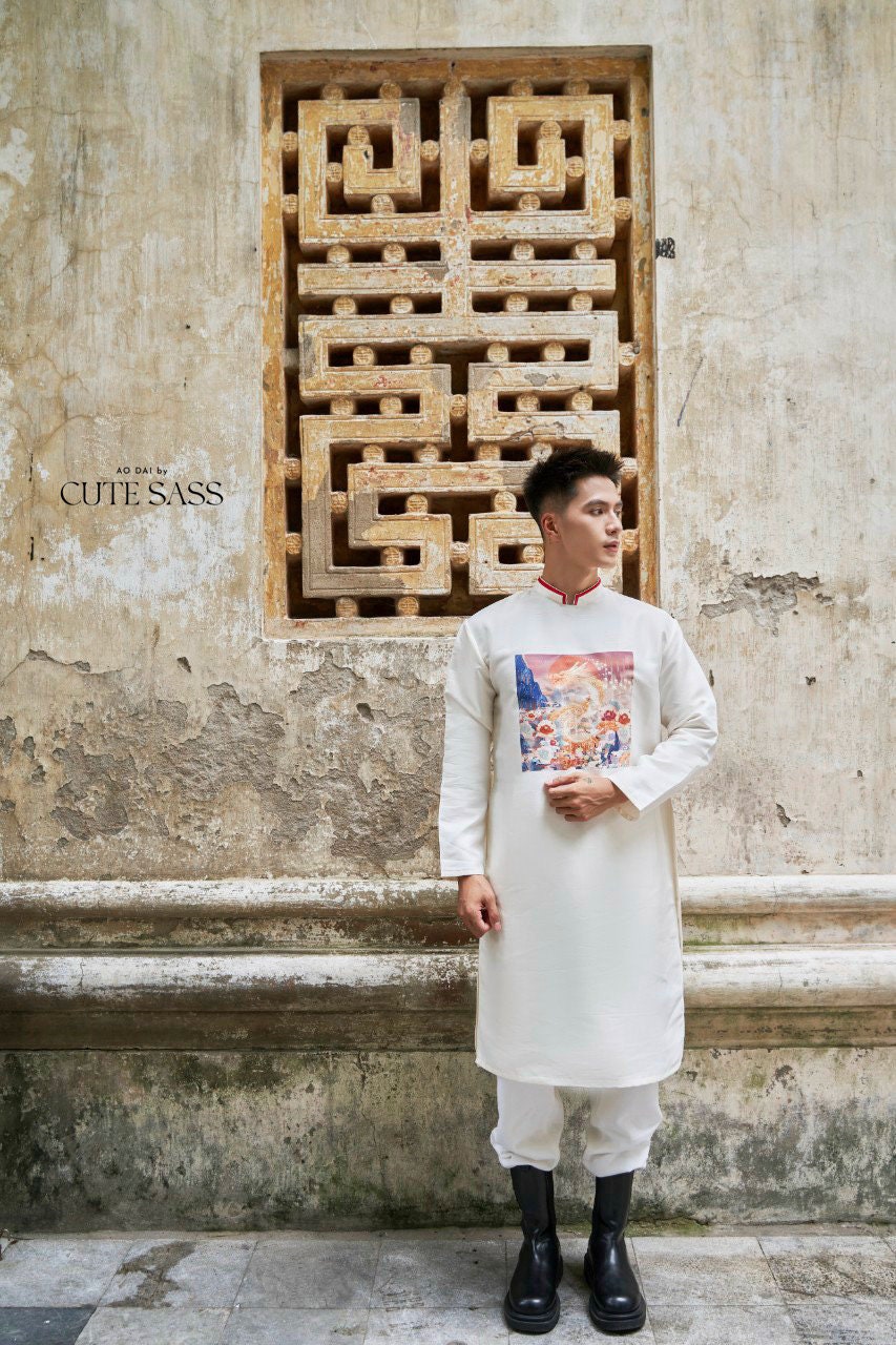 Men White Printed Dragon Ao Dai Set| Pre-made Traditional Vietnamese Ao Dai| Lunar New Year | Ao Dai for Dad, Boy | Ao Dai Tet|