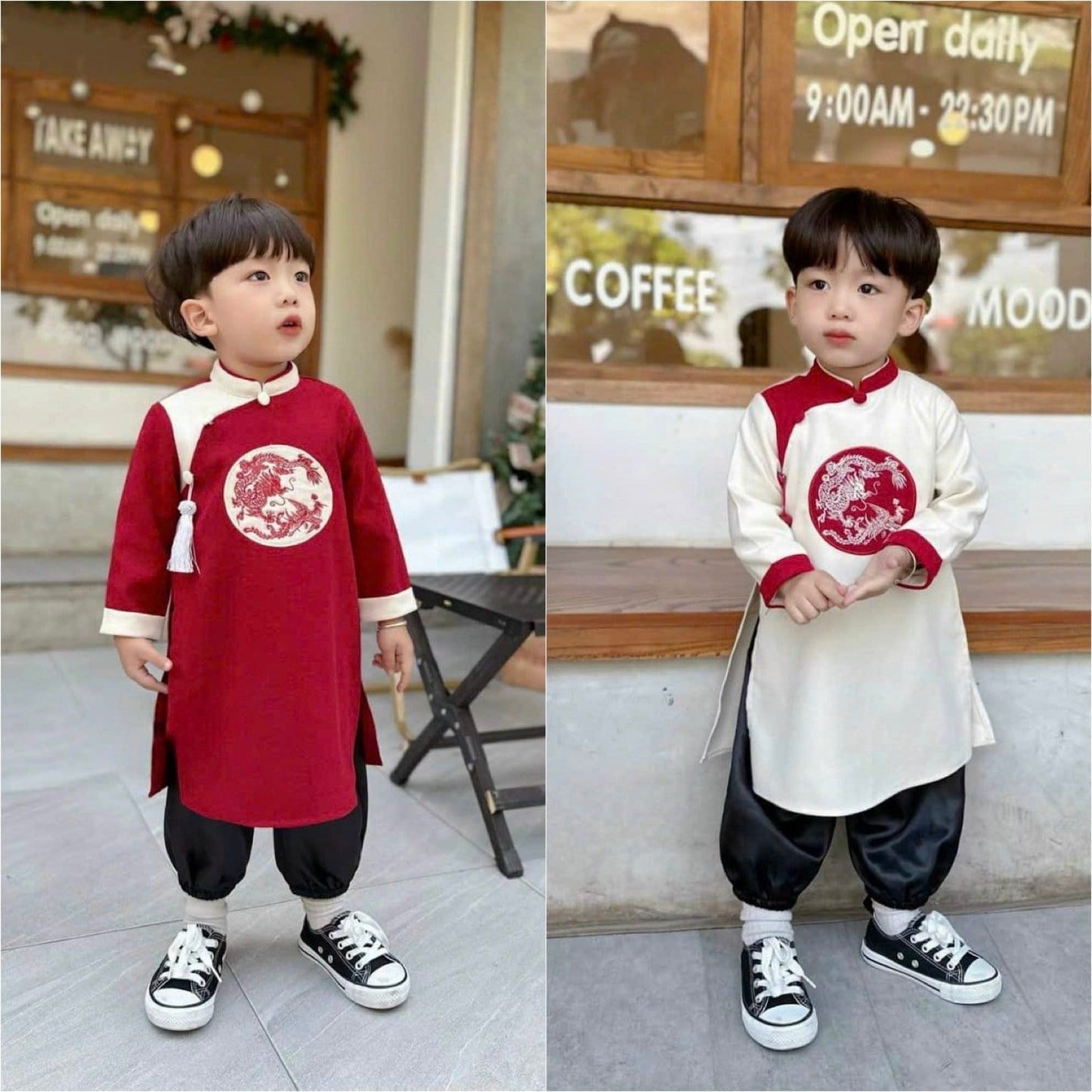 Boy Red/Cream Embroidery Dragon Ao Dai Top | Pre-made Traditional Vietnamese Ao Dai | Lunar New Year | Ao Dai for Boy |