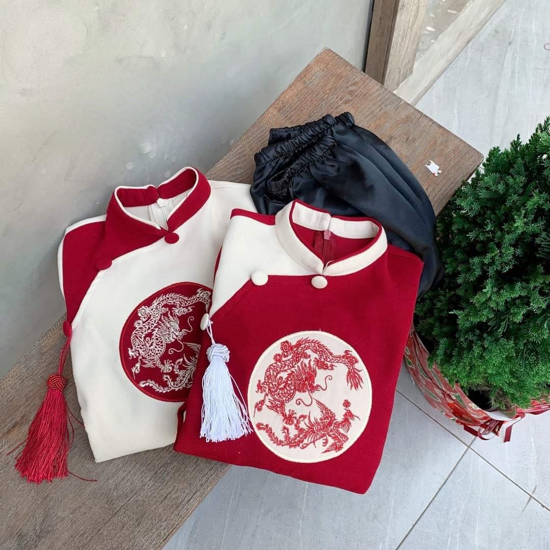 Boy Red/Cream Embroidery Dragon Ao Dai Top | Pre-made Traditional Vietnamese Ao Dai | Lunar New Year | Ao Dai for Boy |