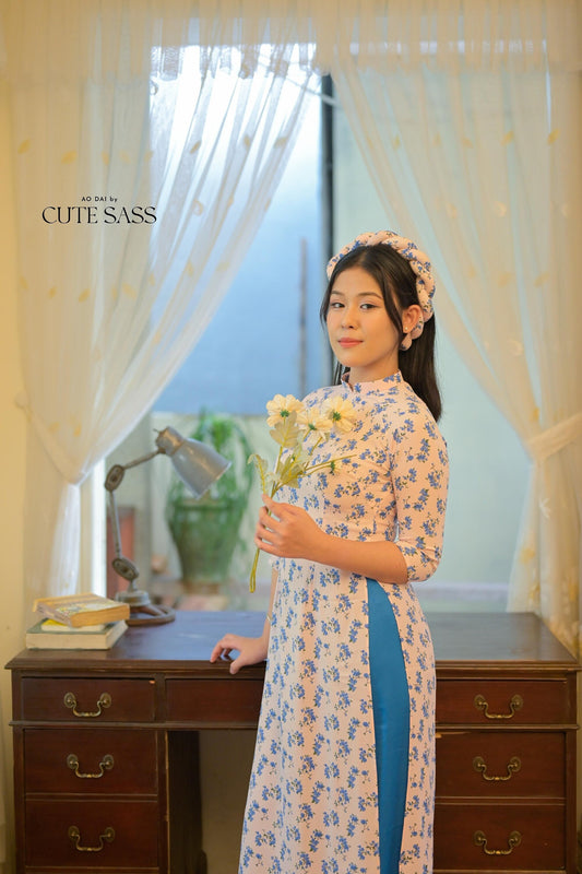 Blue Hoa Ao Dai Set with Twisted Headband