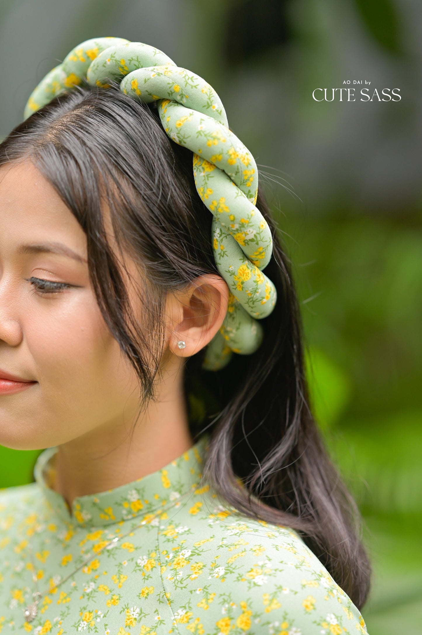 Cyan Hoa Ao Dai Set with Twisted Headband
