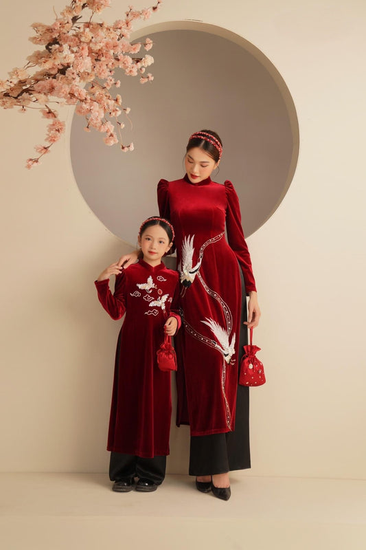 Mom and Daughter Red Velvet Phoenix Ao Dai Set| Pre-made Traditional Vietnamese Ao Dai| Lunar New Year | Ao Dai for Girl, Mom |Ao Dai Tet|