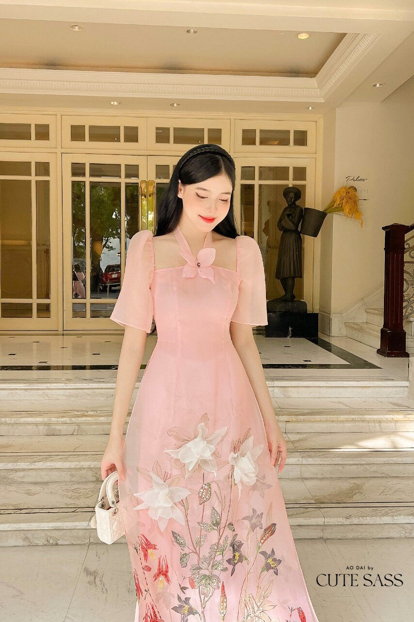 Peach Halter 3D Butterfly Ao Dai Set