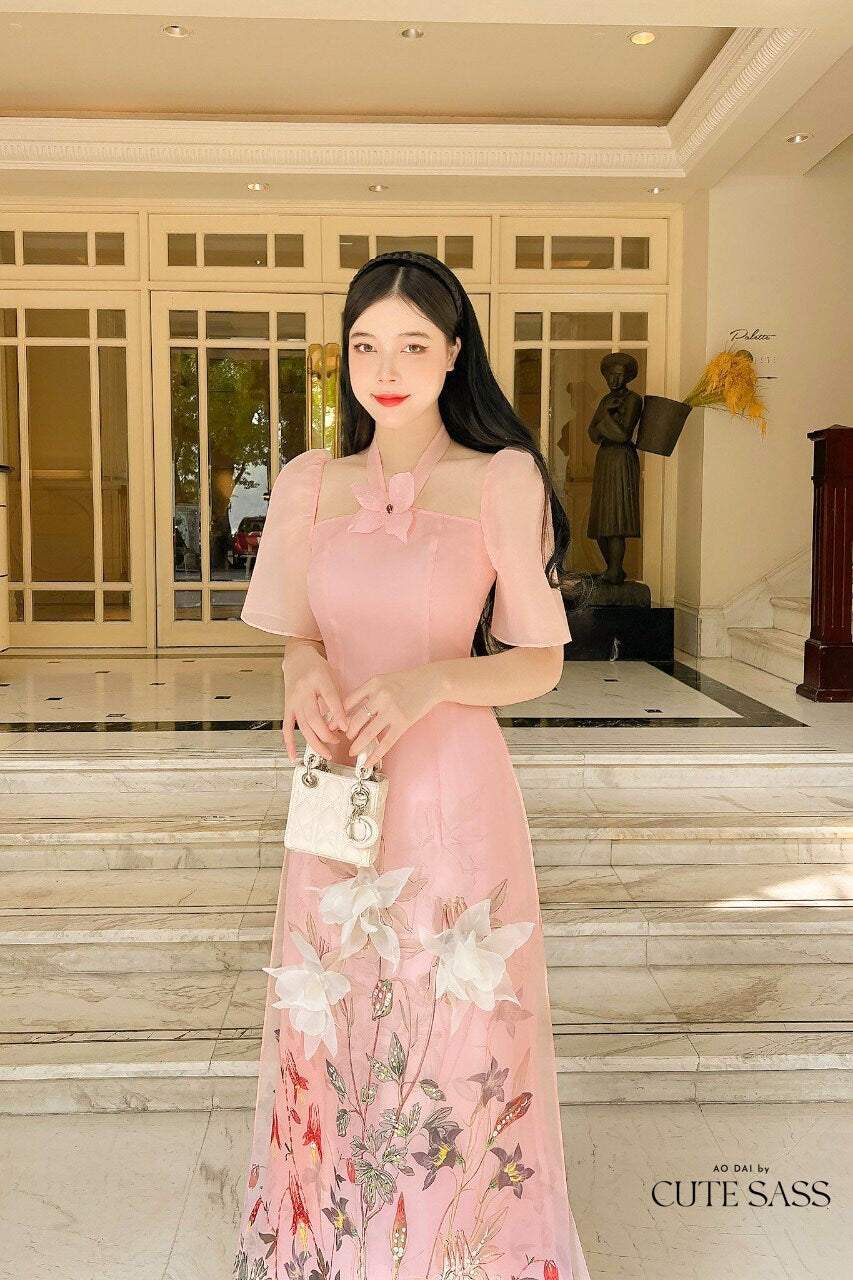 Peach Halter 3D Butterfly Ao Dai Set