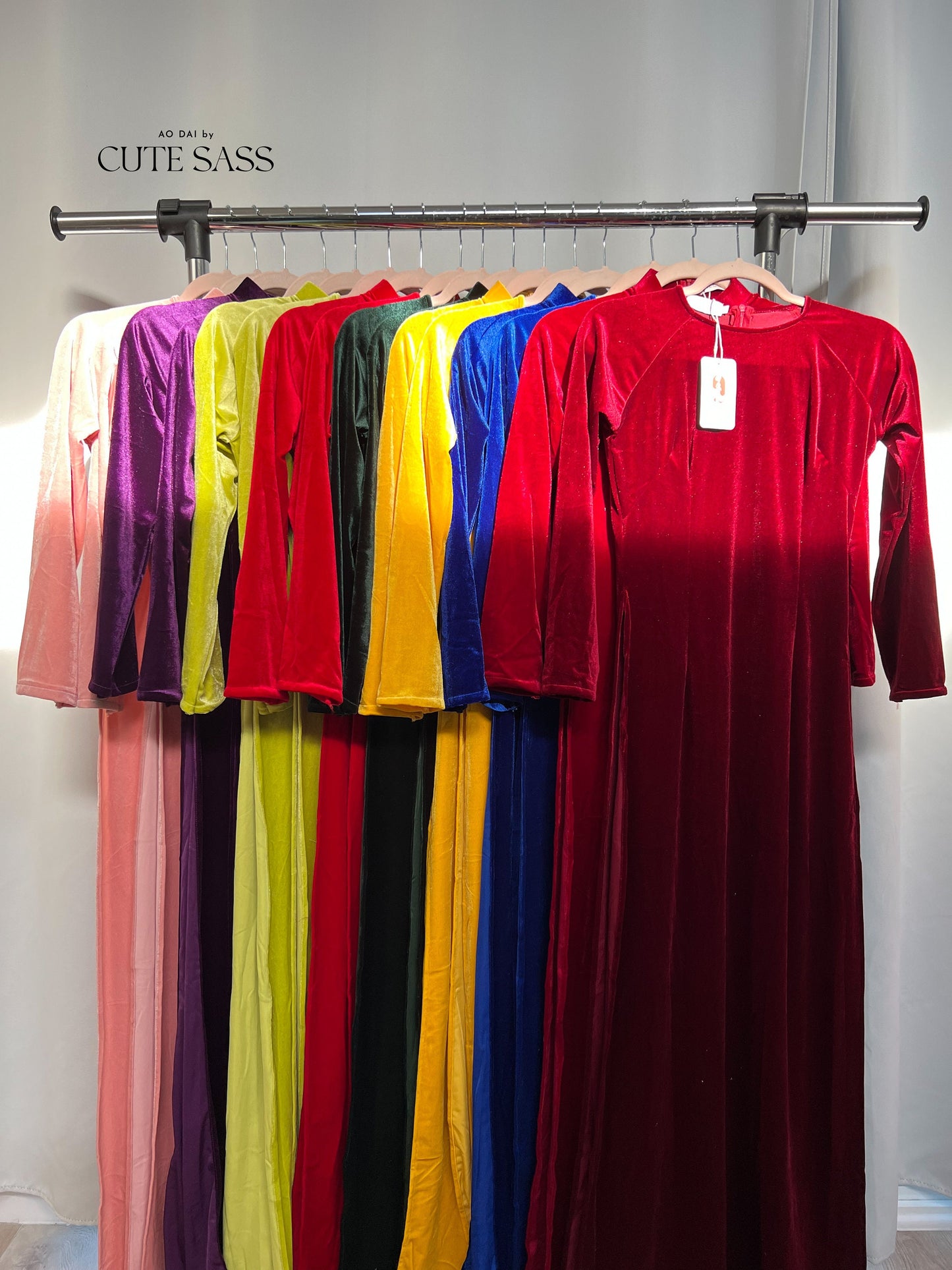 Champagne Red Velvet Plain Ao Dai Top Only, NO PANTS