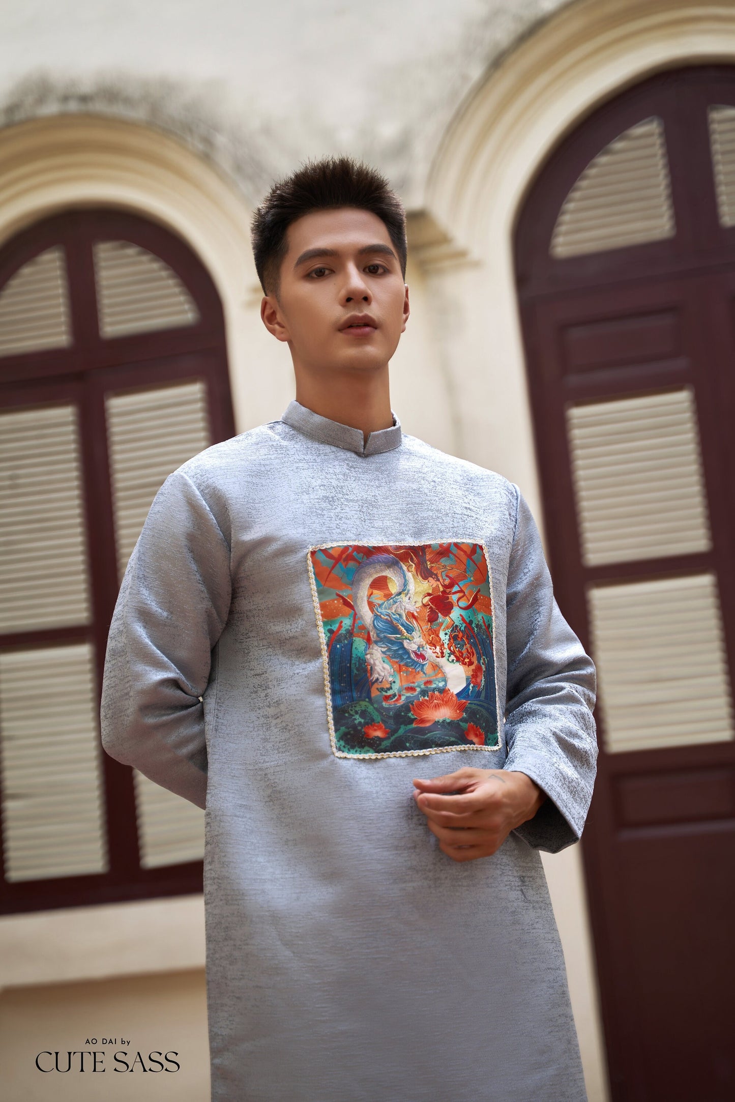 Men Gray Printed Ao Dai Set| Pre-made Traditional Vietnamese Ao Dai|Lunar New Year | Ao Dai for Dad | Ao Dai Truyen Thong| Ao Dai Tet |