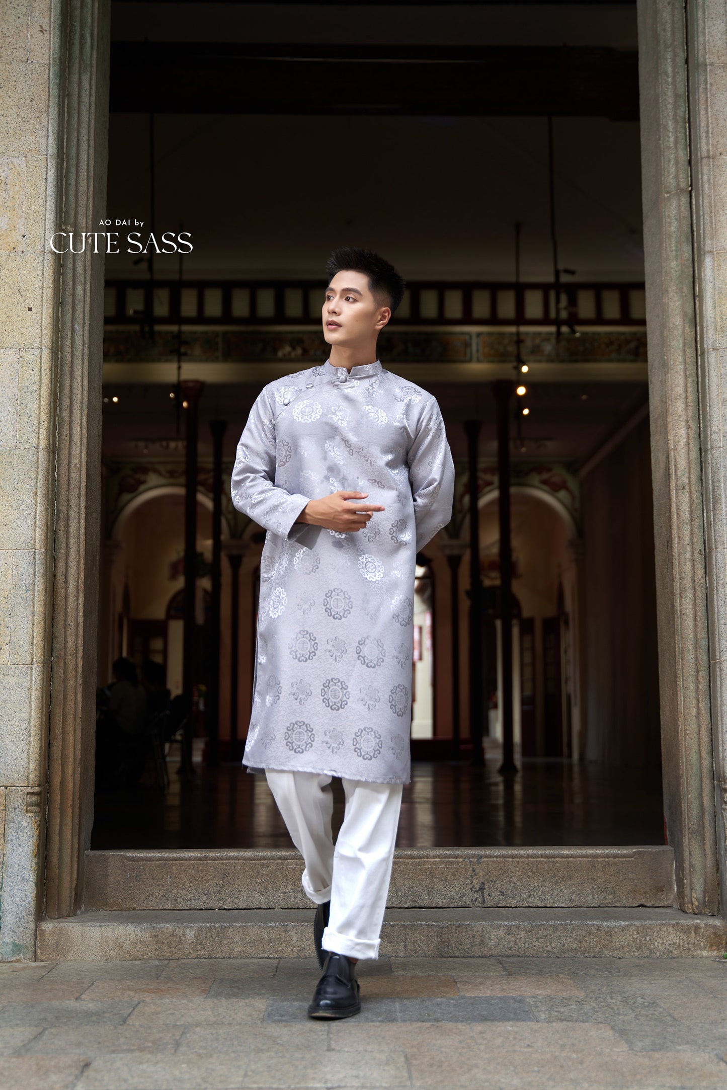 Men Gray Gam Silk Ao Dai Set| Pre-made Traditional Vietnamese Ao Dai| Lunar New Year | Ao Dai for Dad, Boy | Ao Dai Tet|H4