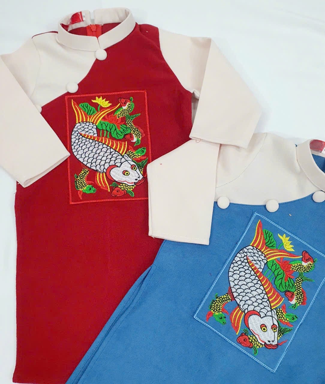 Boy Red/Blue Embroidery Koi Ao Dai Top | Pre-made Traditional Vietnamese Ao Dai | Lunar New Year | Ao Dai for Boy |